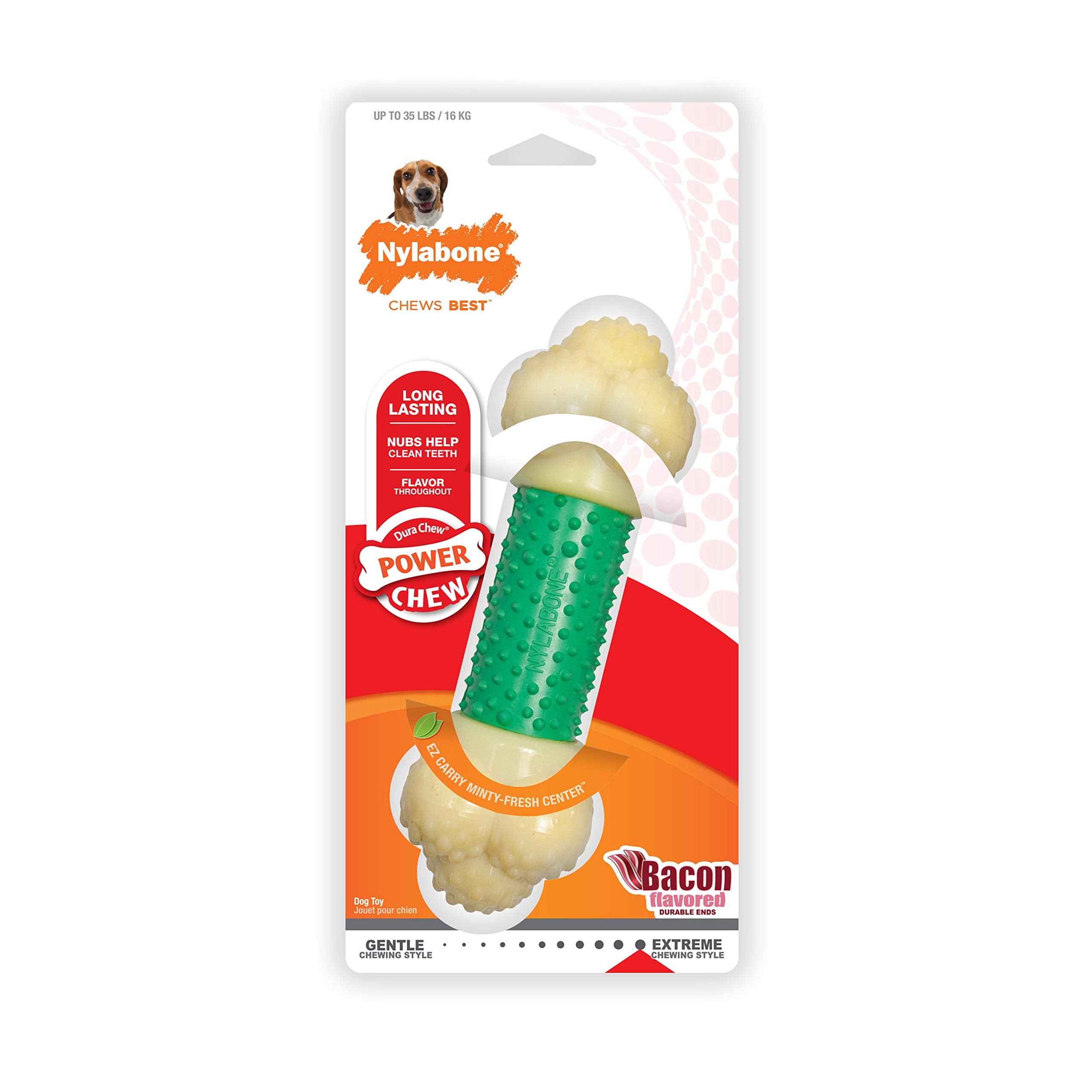 Nylabone Double Action Bone Power Chew Toy For Dogs, Rubber Dog Toys For Moderate & Aggressive Chewers, Bacon Flavor, Medium - Up To 35 Lbs, 1 Count