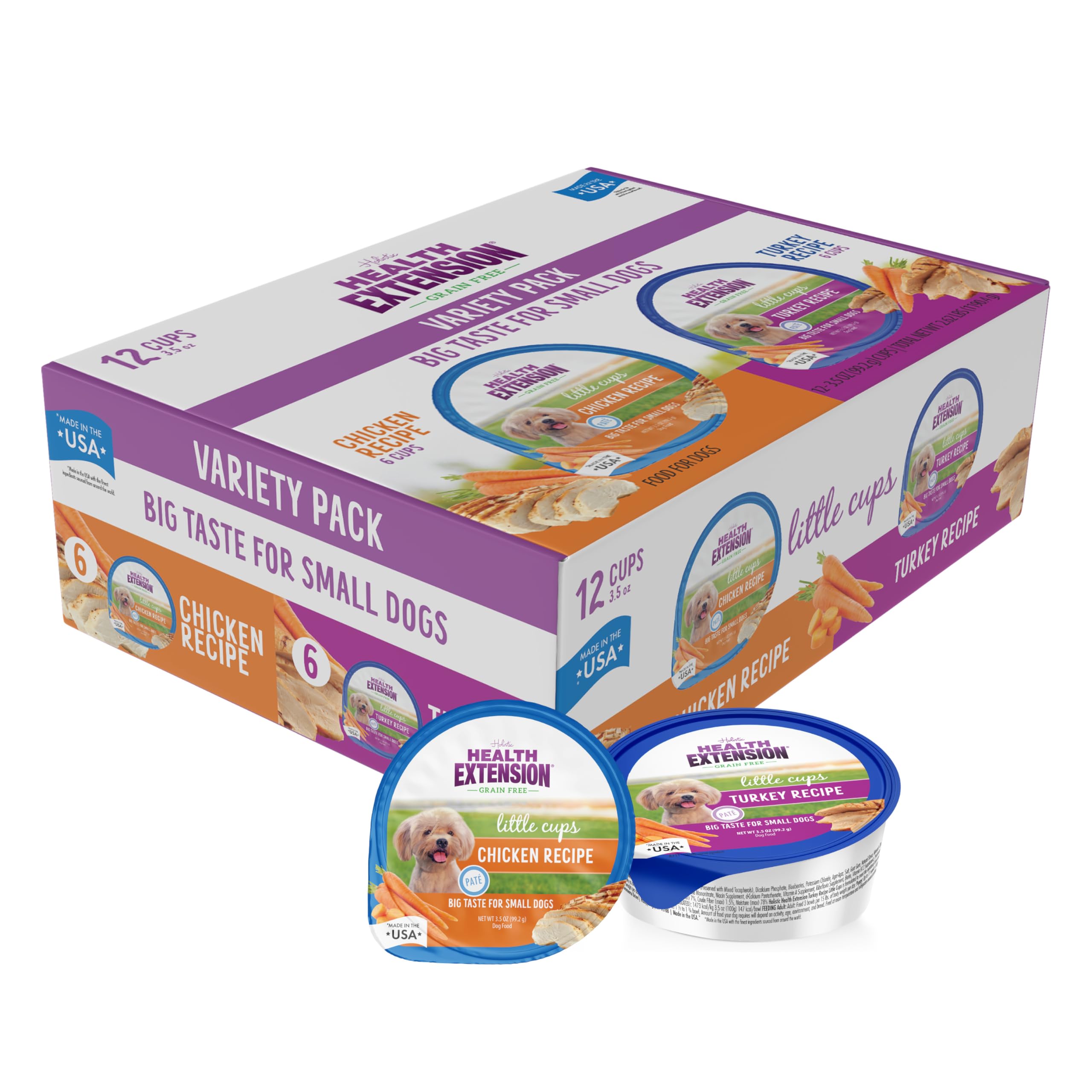 Health Extension Little Cups Grain-Free Wet Dog Food, Small Breed - Variety Box (6 Chicken/6 Turkey) 3.5 oz - Easy to Digest, Id