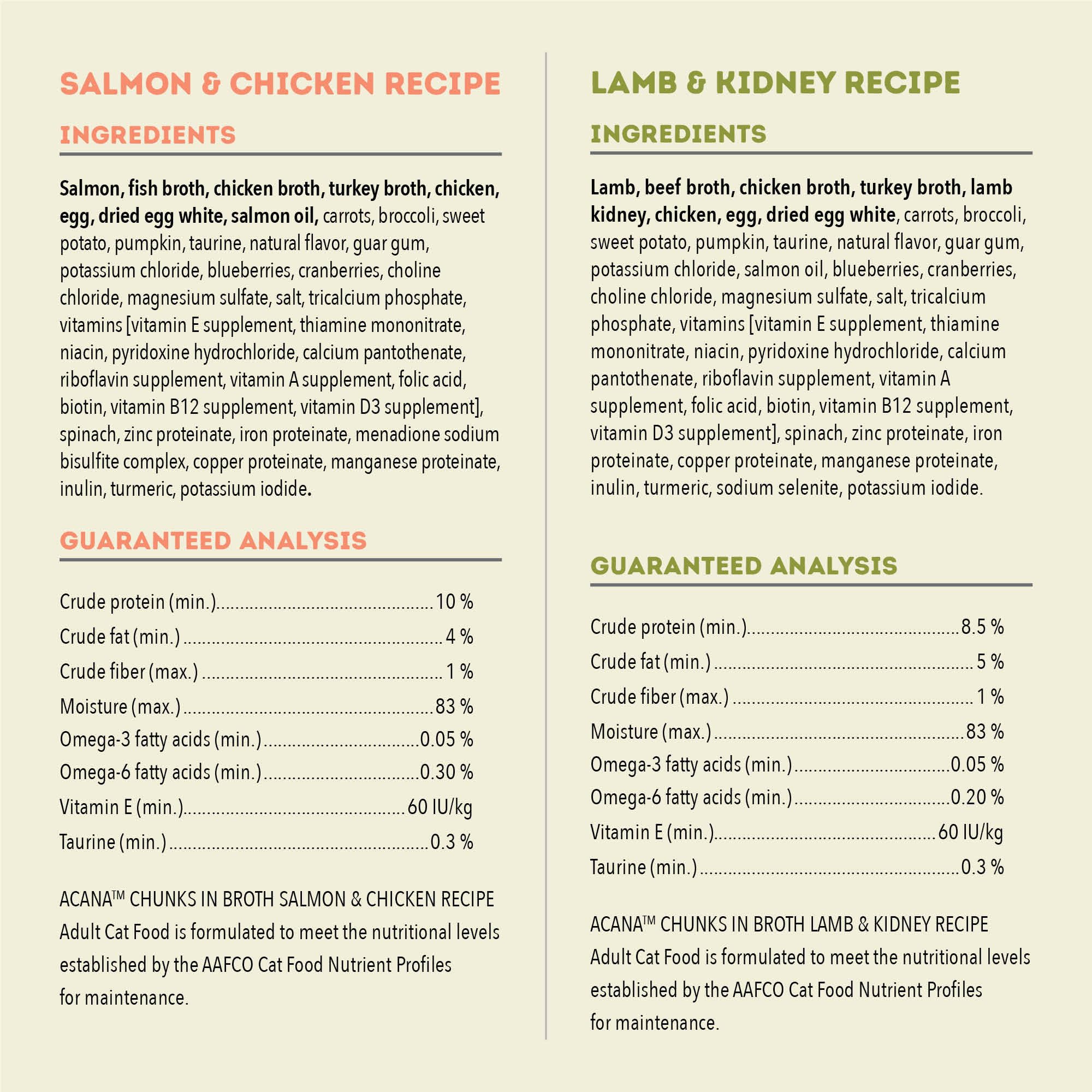 ACANA Chunks in Broth Wet Cat Food Variety Pack: Salmon & Chicken + Lamb & Kidney Recipes 3oz Cans (12 Count, 6 of Each)