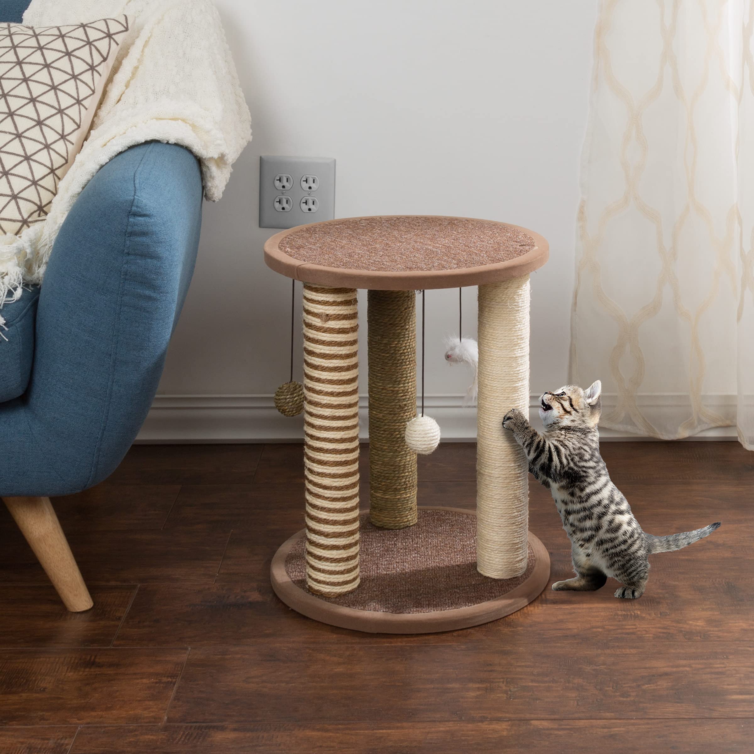 PETMAKER Cat Scratching Post - 3 Carpeted Scratchers with Base & Perch, Large, Brown, Engineered Wood, Model 80-PET6067