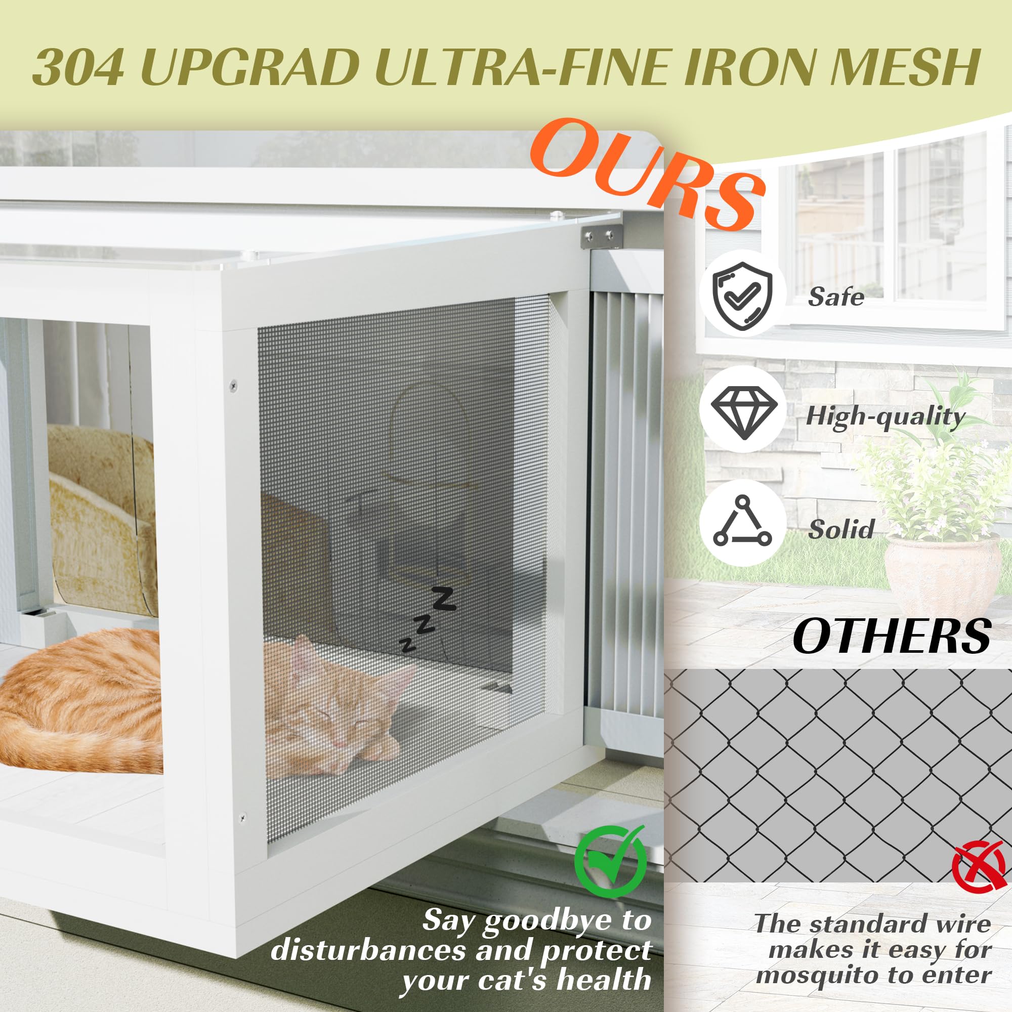 Dephet Cat Window Box - Outdoor Catio Enclosure Perch, Mosquito-Proof, Fits 25.2"-43" W, White, Fir Wood, Model 1PS9811