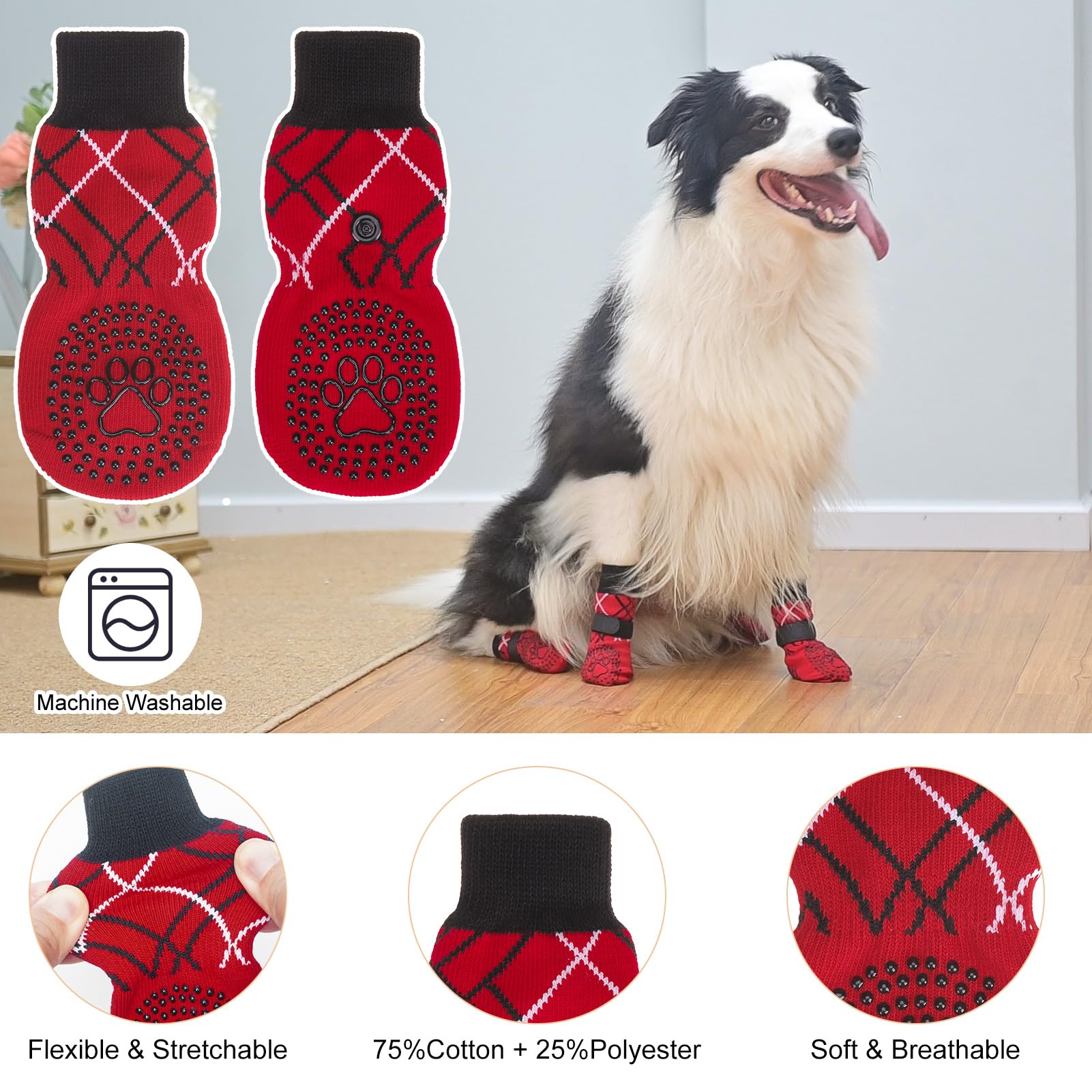 BEAUTYZOO Dog Socks - Anti-Slip Paw Protectors for Hardwood Floors, Size M, Red, 75% Cotton, 25% Polyester, Pack of 6