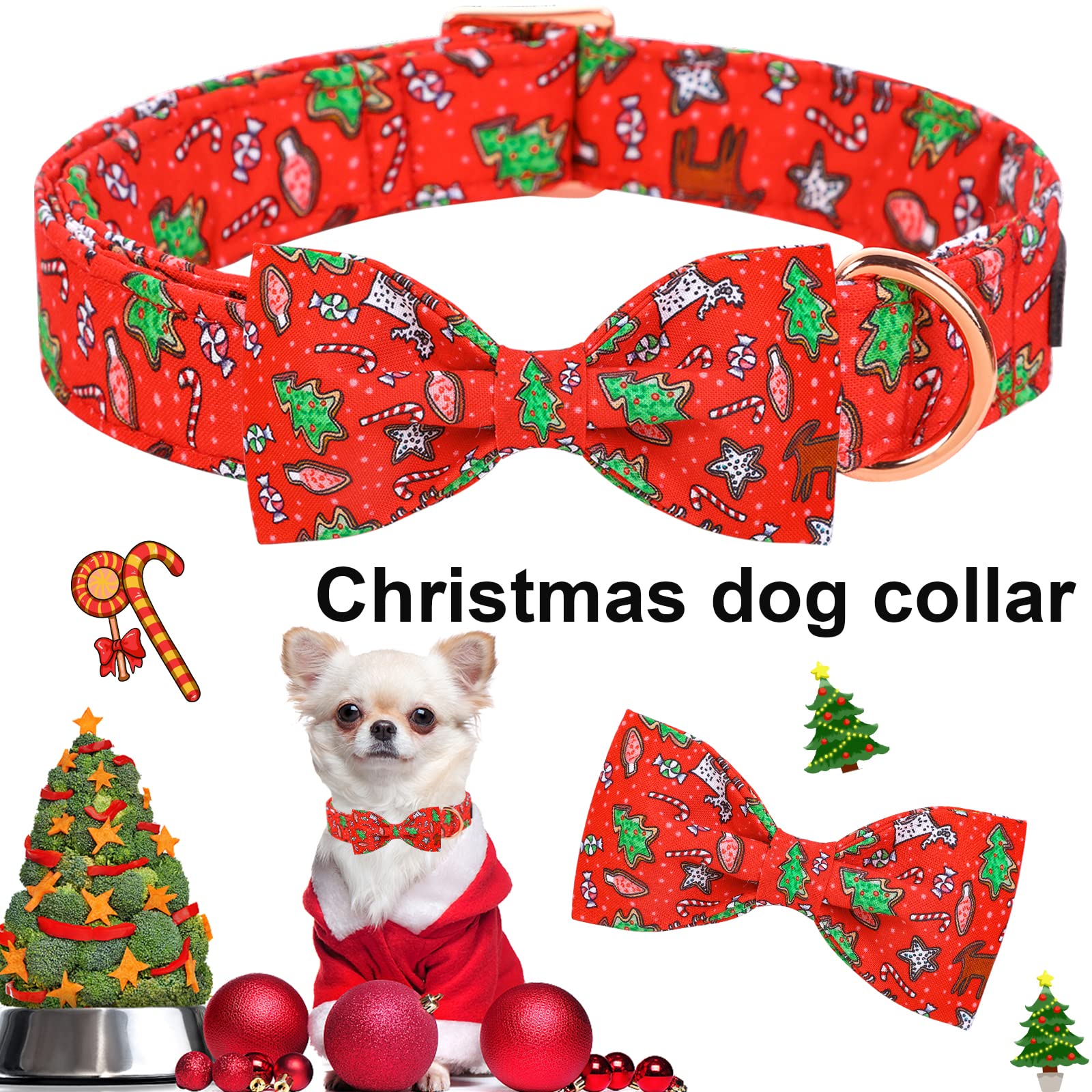 Aring Pet Christmas Dog Collar, Cotton Red Dog Collar With Bow, Adjustable Christmas Tree Bowtie Dog Collar With Metal Buckle Fo