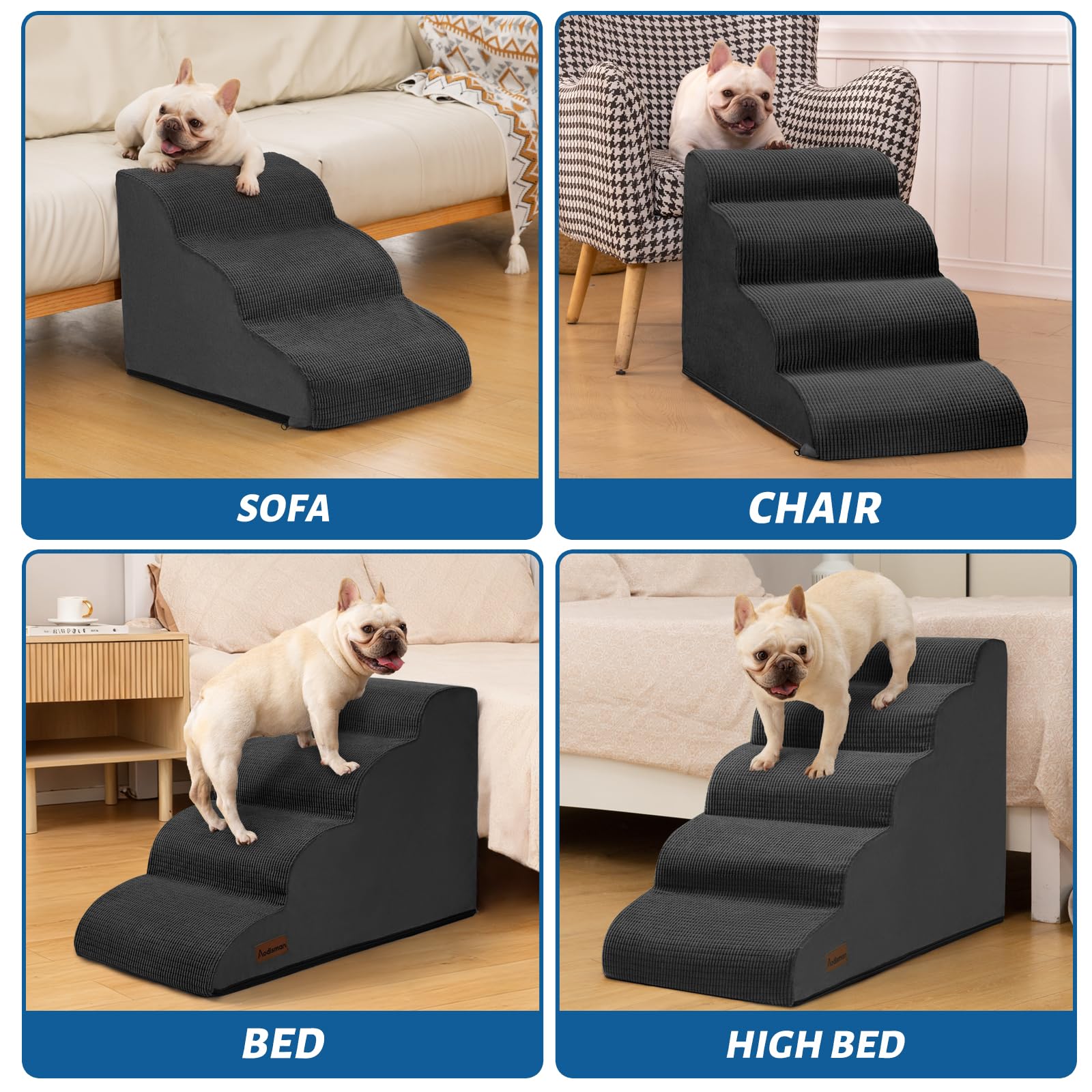 Aodisman 3-Step Dog Ramp and Stairs for Sofa and Chair - Non-Slip Sturdy Pet Steps for Small Dogs and Cats,15.7 H,Black