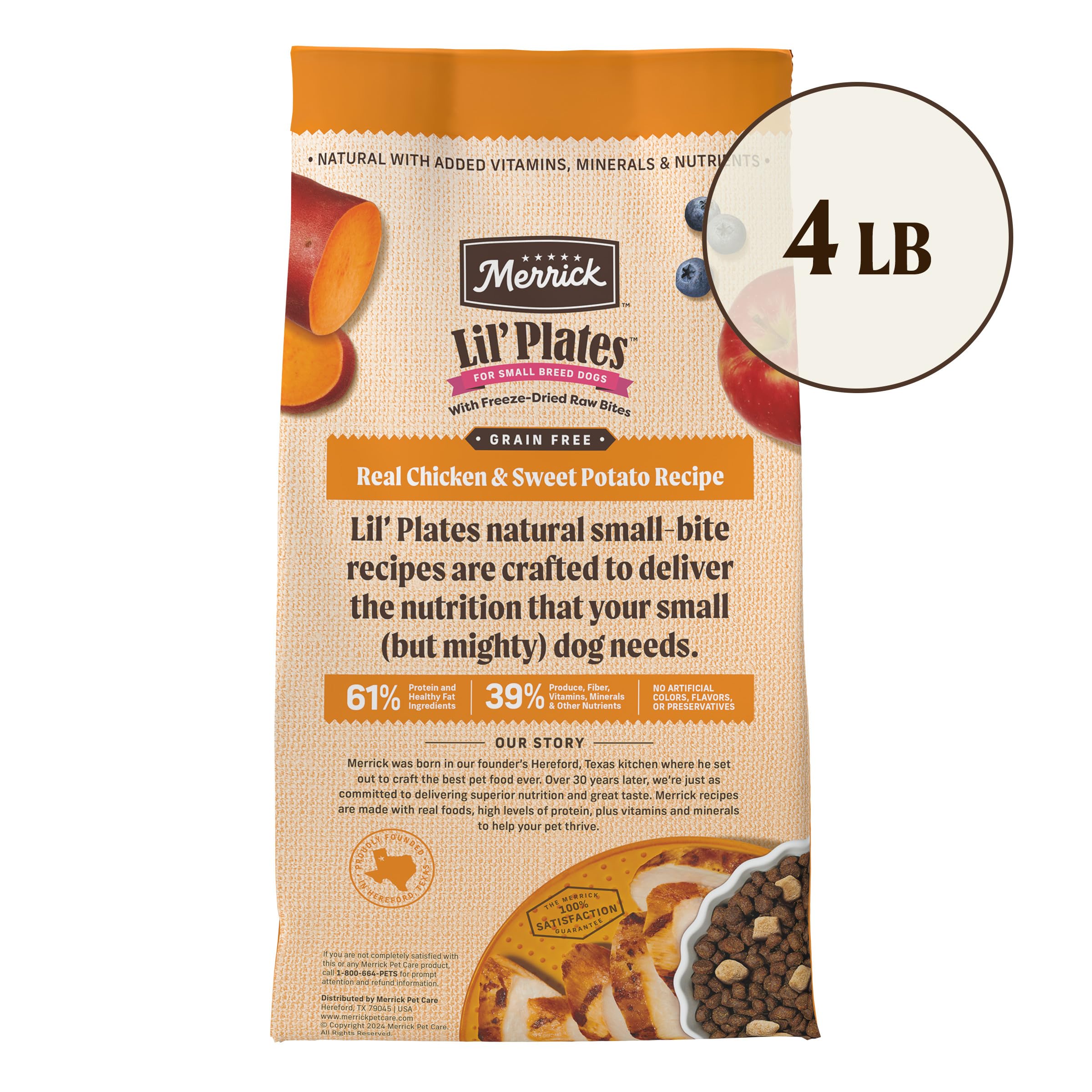 Merrick Lil Plates Grain Free Dry Dog Food For Small Dogs, Chicken And Sweet Potato Kibble With Raw Bites - 4.0 lb. Bag