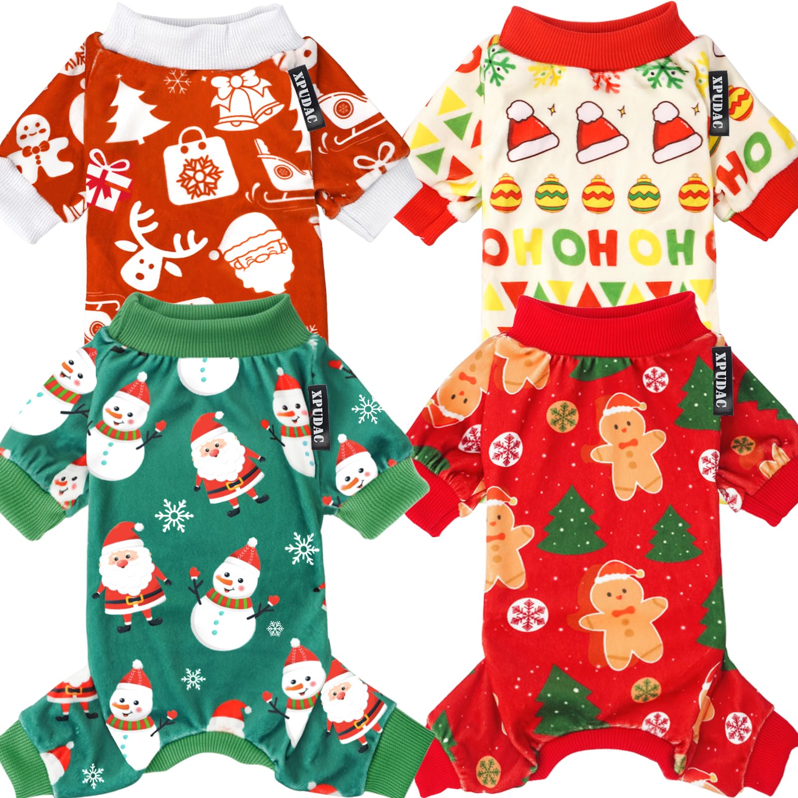 Xpudac 4 Piece Dog Christmas Pajamas Santa Pet Dog Clothes Cute Snowman Dog Pajamas Costumes For Small Dogs Red Green Small
