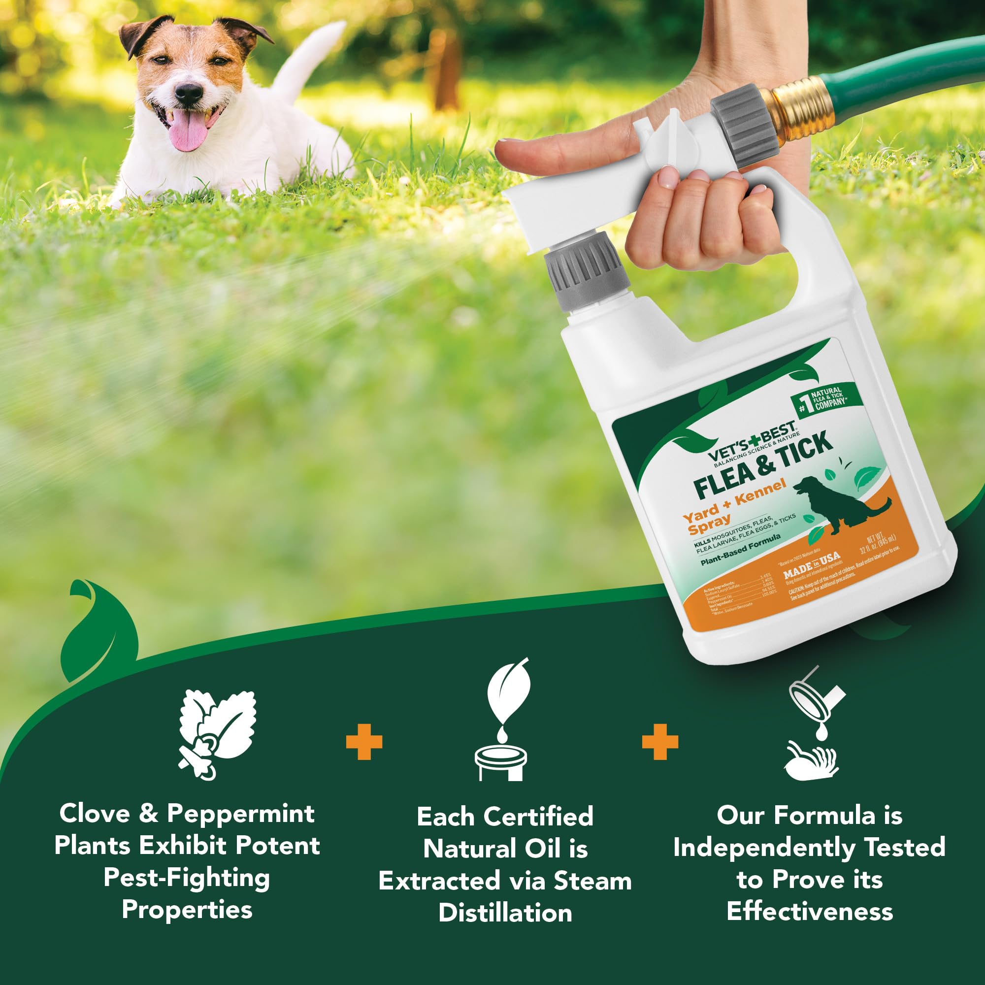 Vets Best Natural Flea and Tick Yard and Dog Kennel Spray, Plant Safe Tick Spray for Yard with Ready-to-Use Hose Attachment, Mo