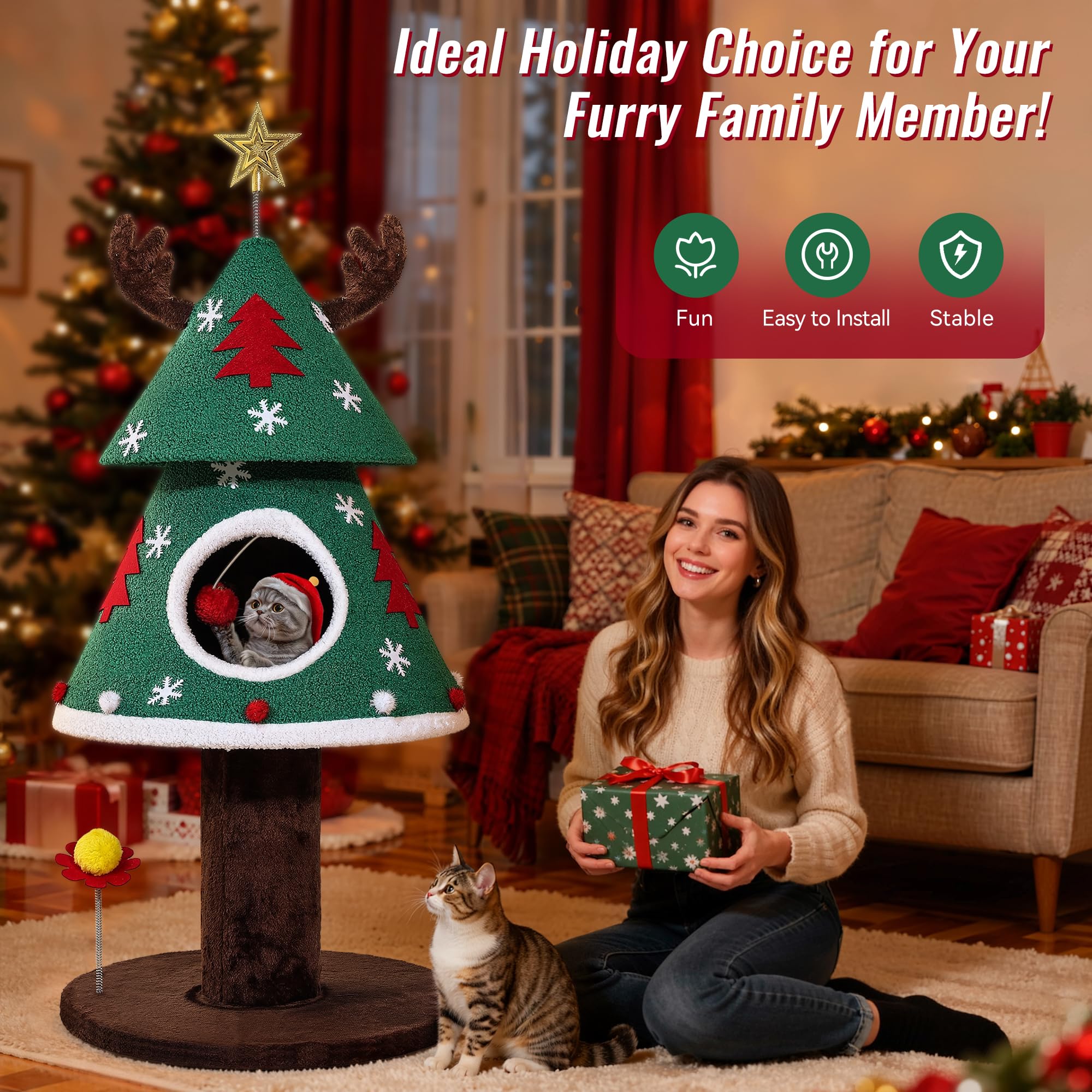 DWVO Christmas Cat Tree, 47.2in Christmas Tree Cat Tower with Teaser Plaything, Kitty Tree for Indoor Small Cats
