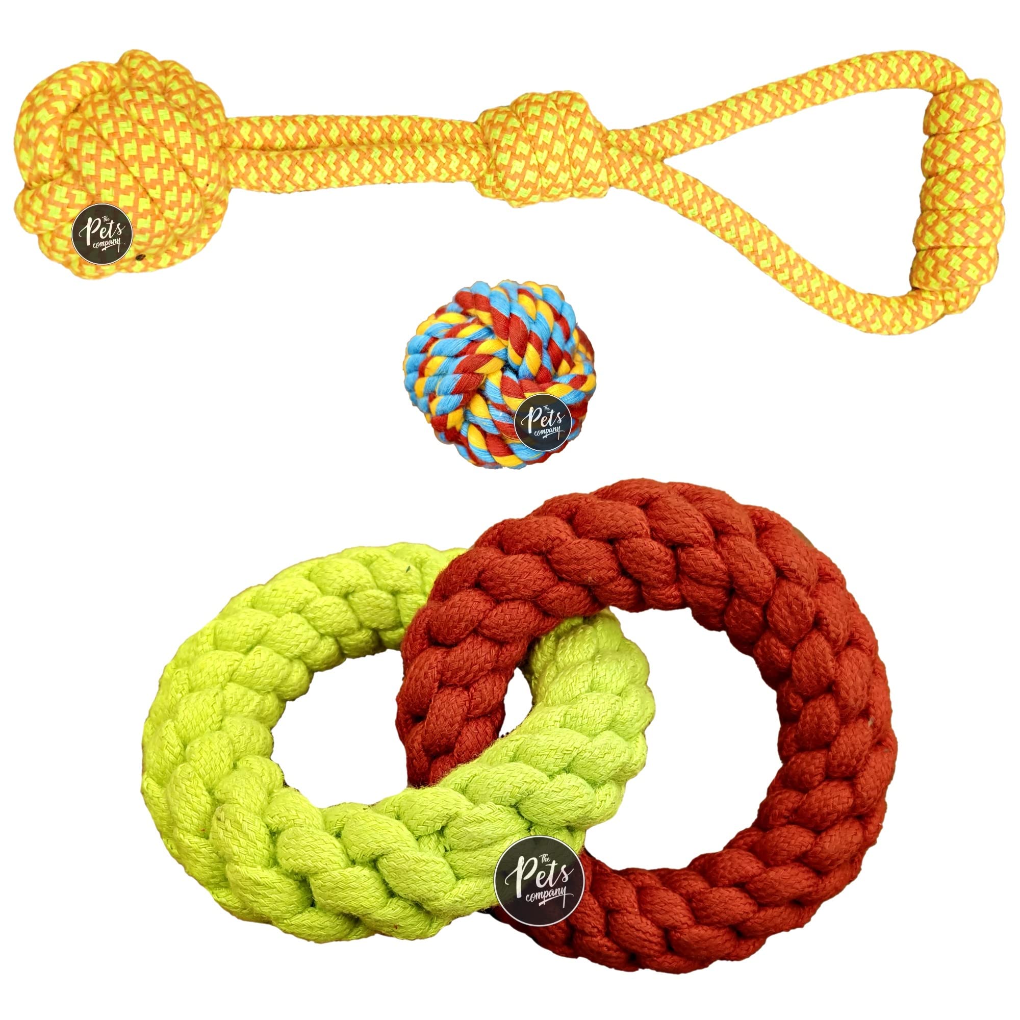 The Pets Company Dog Rope Toy For Adult Aggressive Chewers, Dental Cleaning (2 Ring + Dog Ball + Tug With Grip) Dog Toy Combo Of