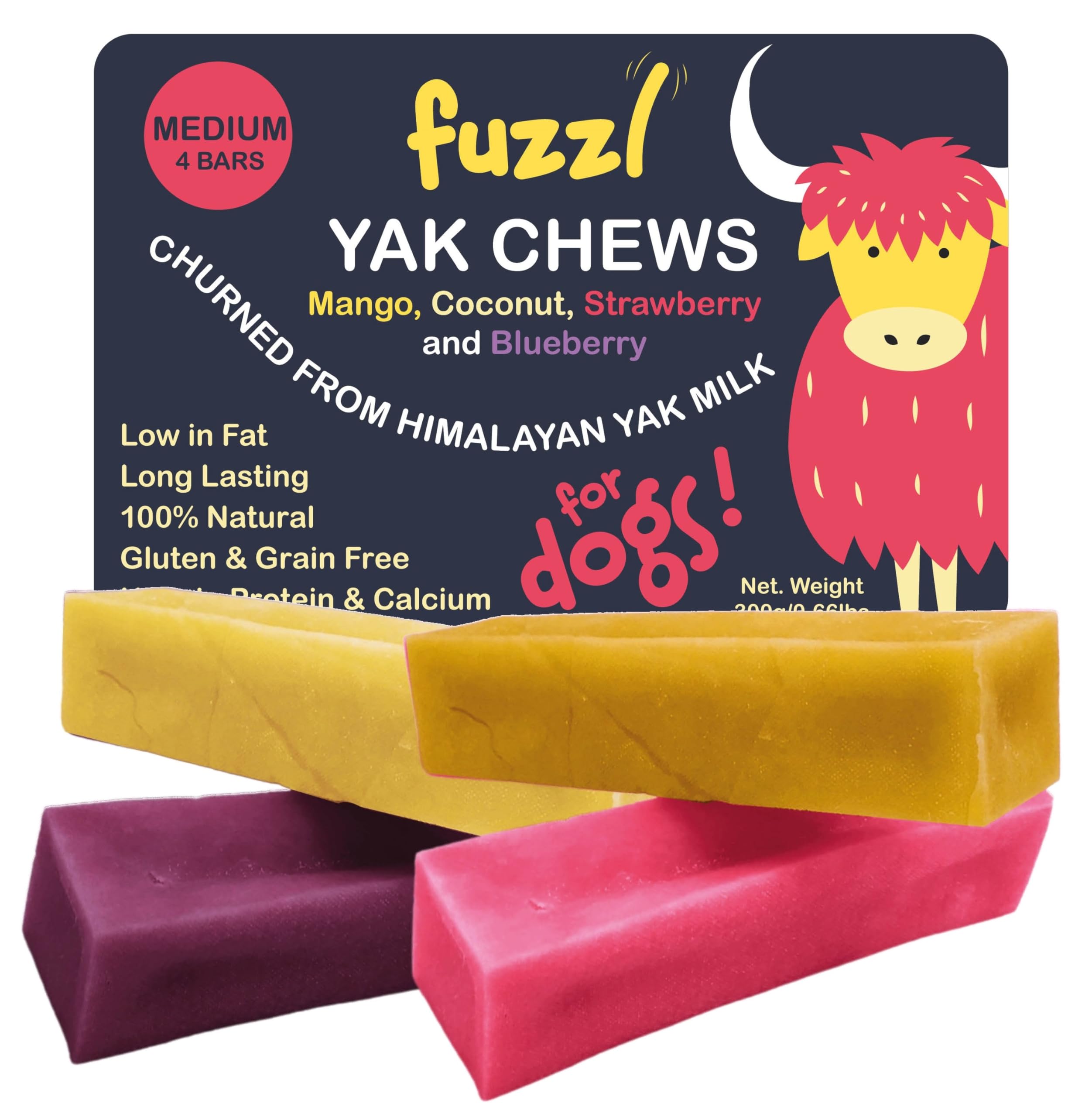 Fuzzl Yak Chews Mango, Coconut, Strawberry, Blueberry Medium Box 4 - Himalayan Yak Chews for Dogs - Natural Yak Cheese Himalayan