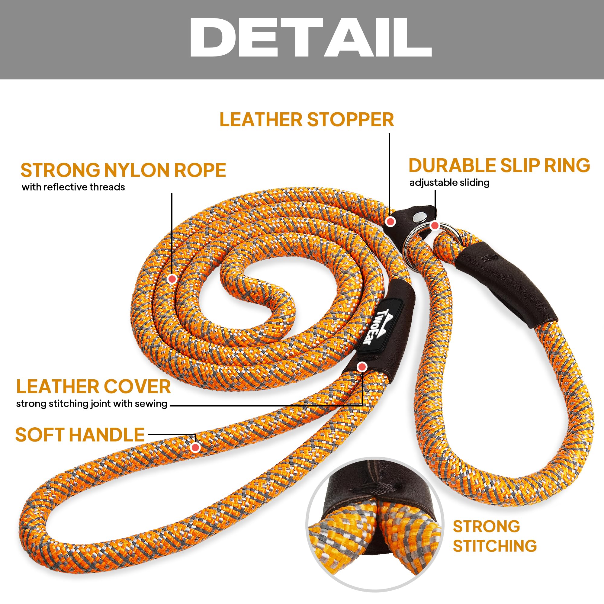 Twoear Dog Leash Dog Slip Rope Leash 1/2' X 6Ft Dog Training Leash Heavy Duty Strong Slip Lead Highly Reflective Threads For Small Medium And Large Dogs(Orange)