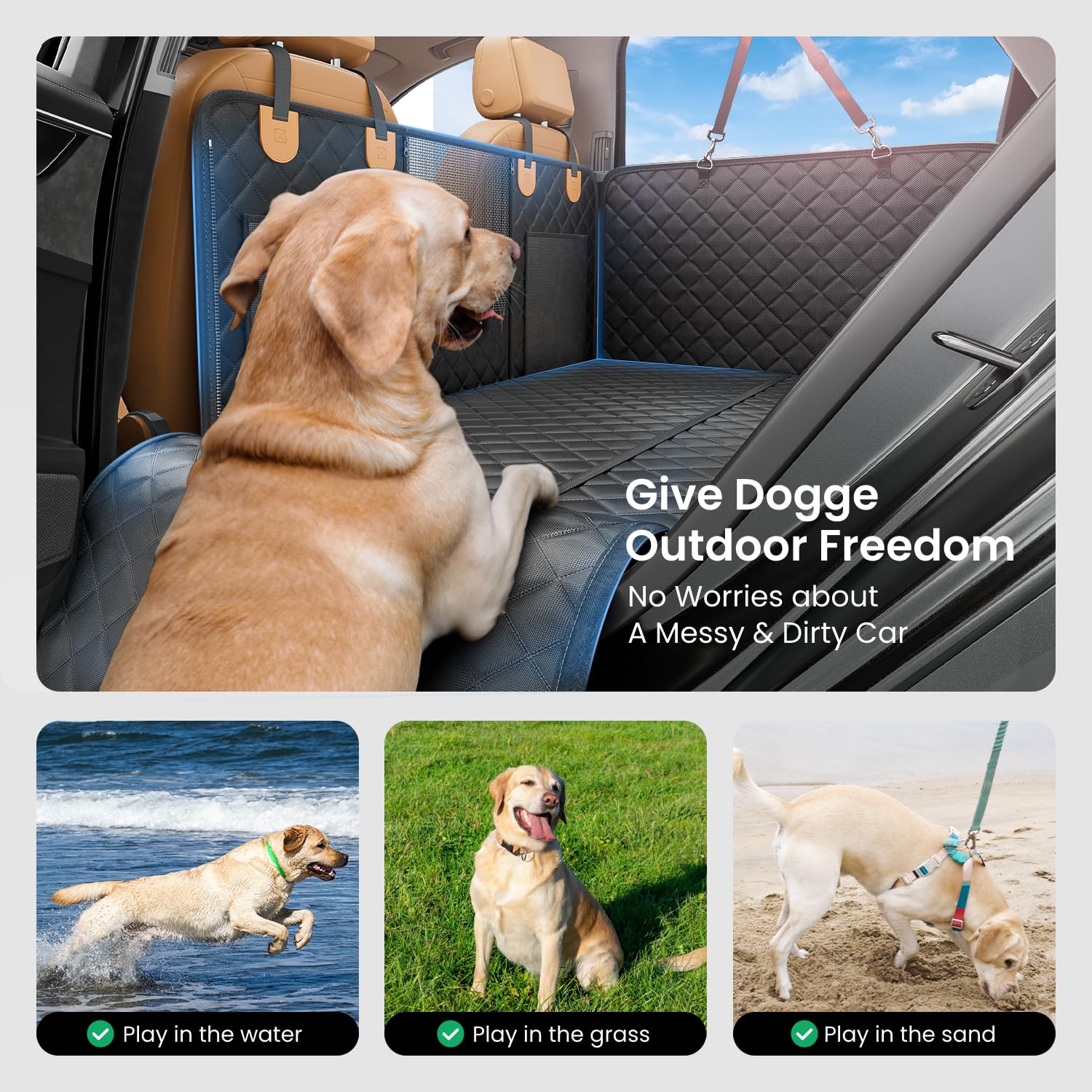 Reevaa Dog Car Seat Cover For Back Seat, Hard Bottom Dog Hammock, Pet Bed Extender For 2-4 Large/Medium Dogs, Ruff Waterproof Se