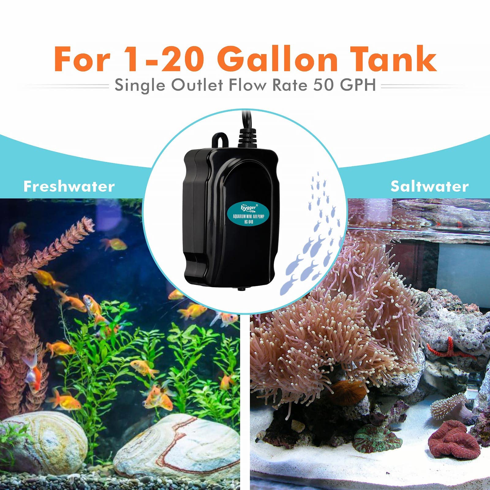Hygger Mini Aquarium Air Pump Kit Small Fish Tank Air Pump 1W For 1-20 Gallon Fish Bowl With Air Tube Air Bubbler Stone Check Va