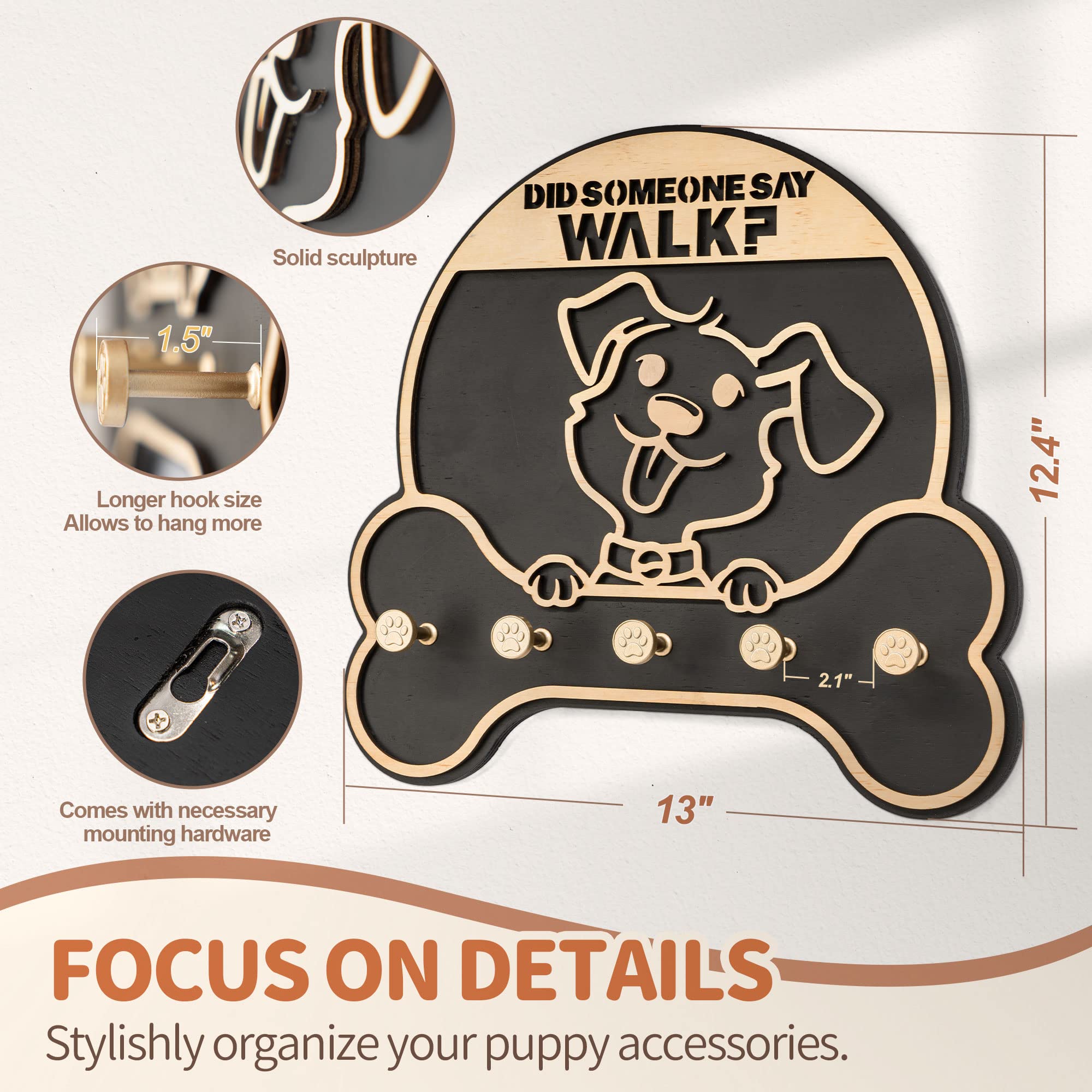 Mtersn Dog Leash Holder For Wall - Decorative Key Organizer And Leash Holder Wall Mount With 5 Dogs Paw Print Hooks For Dogs Lea
