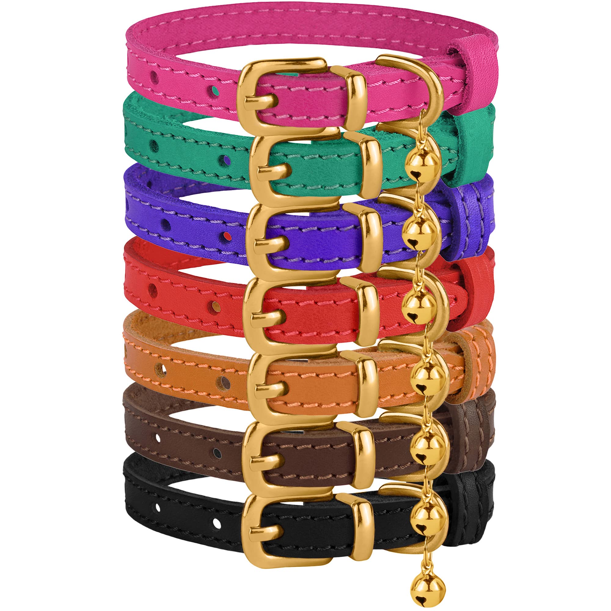 Bronzedog Leather Cat Collar With Bell Non Breakaway Kitten Qr Tag For Girl Boy (7'' - 9'' For Cats, Black & Gold)
