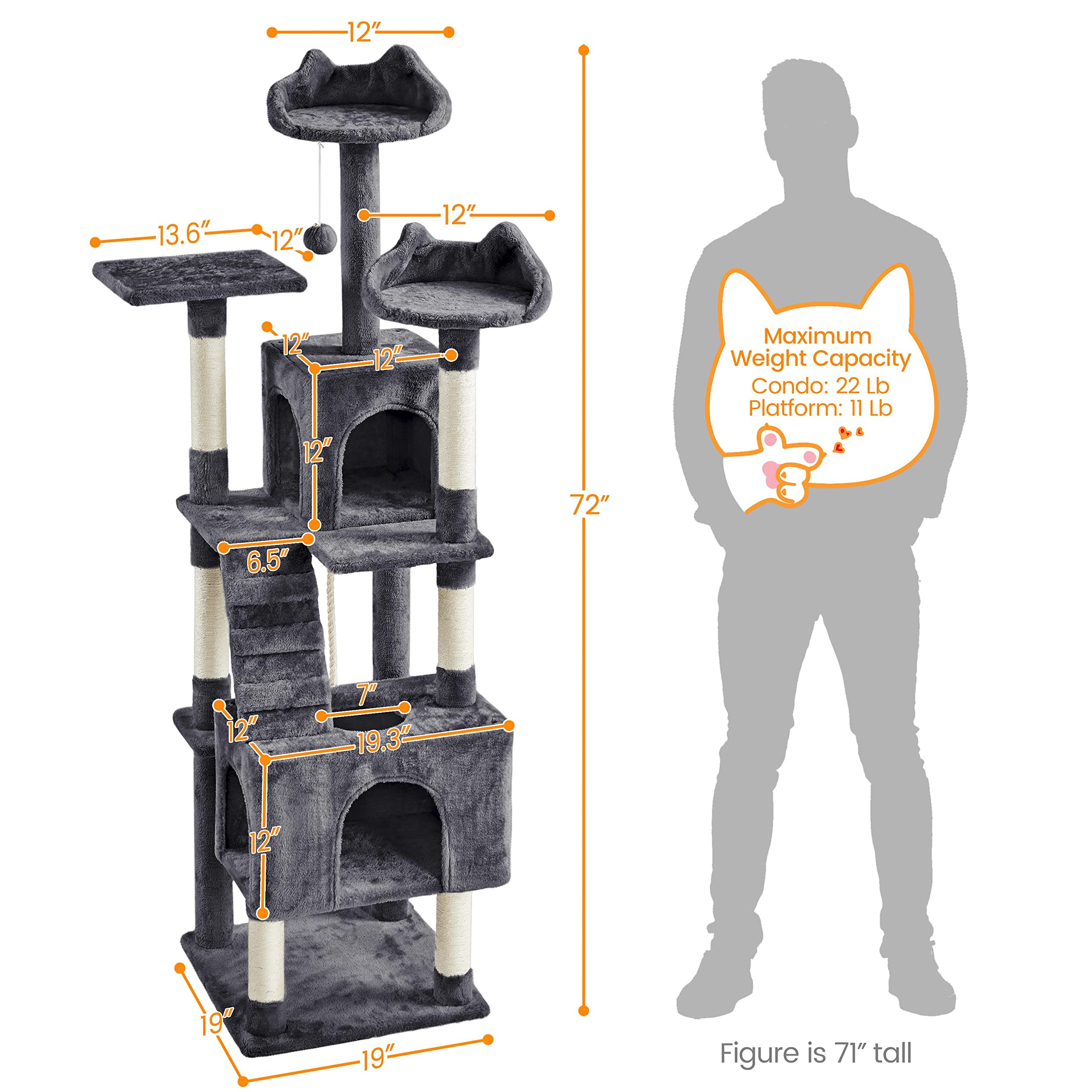 Yaheetech Xl Cat Tree, 72In Multi-Level Cat Tower With 2 Cozy Caves, 3 Soft Perches, Scratching Posts, Board, And Dangling Ball,