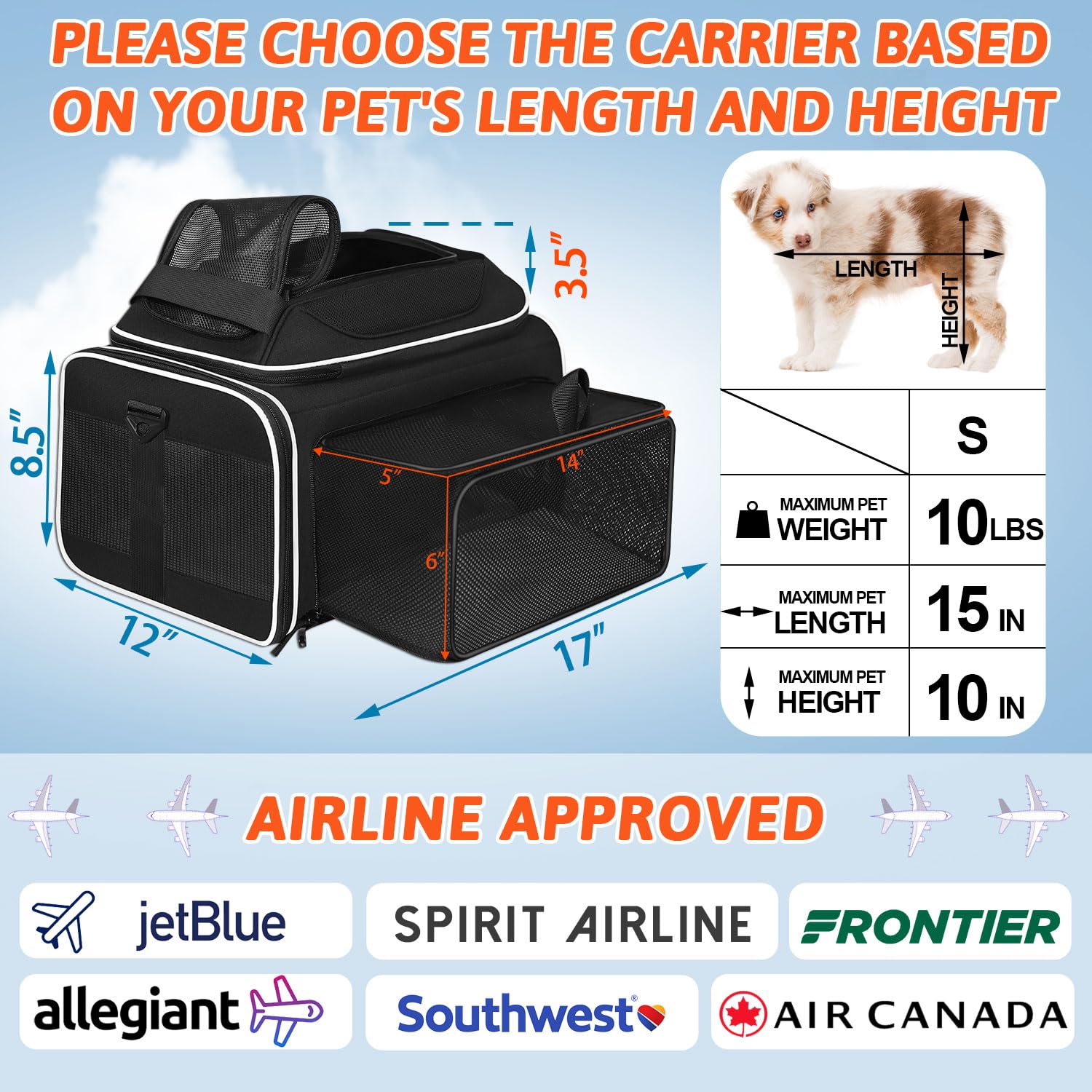 Petskd Top And Side Expandable Pet Carrier 17X12X8.5 Inches Jetblue Frontier Spirit Airline Approved, Soft-Sided Carrier For Small Cats And Dogs With Locking Safety Zipper And Anti-Scratch Mesh(Black)
