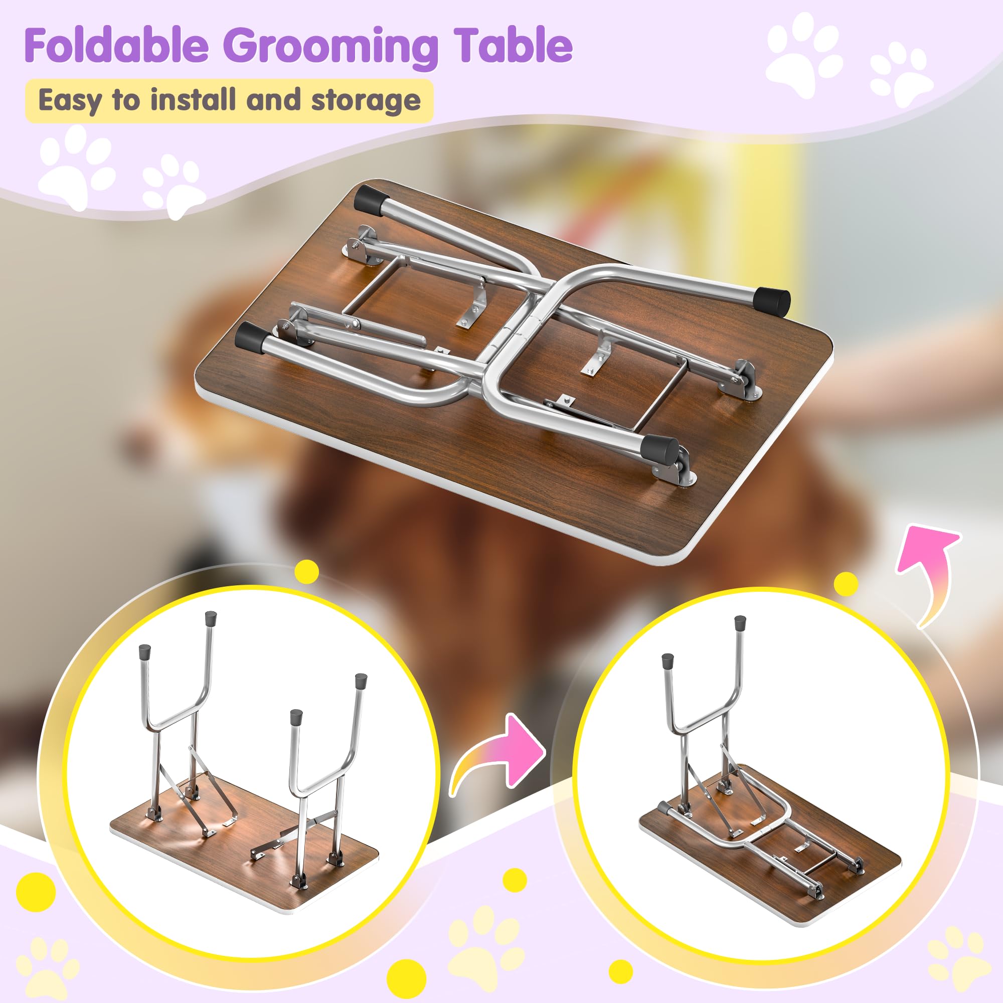 Dog Grooming Table, Adjustable Large Pet Drying Desktop, Foldable Bathing Desk with Arms, Noose, Mesh Tray, Maximum Capacity Up