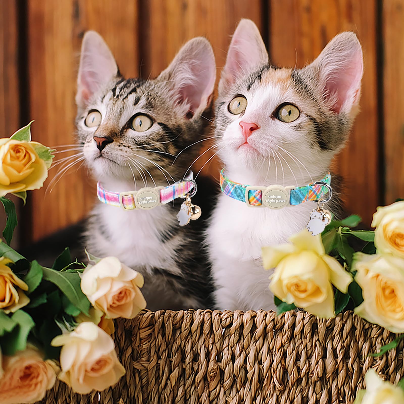 Unique Style Paws 2 Pack Easter Day Kitten Collar Breakaway With Bell&Pendant, Adjustable Safety Blue Pink Colorful Plaid Cat Co
