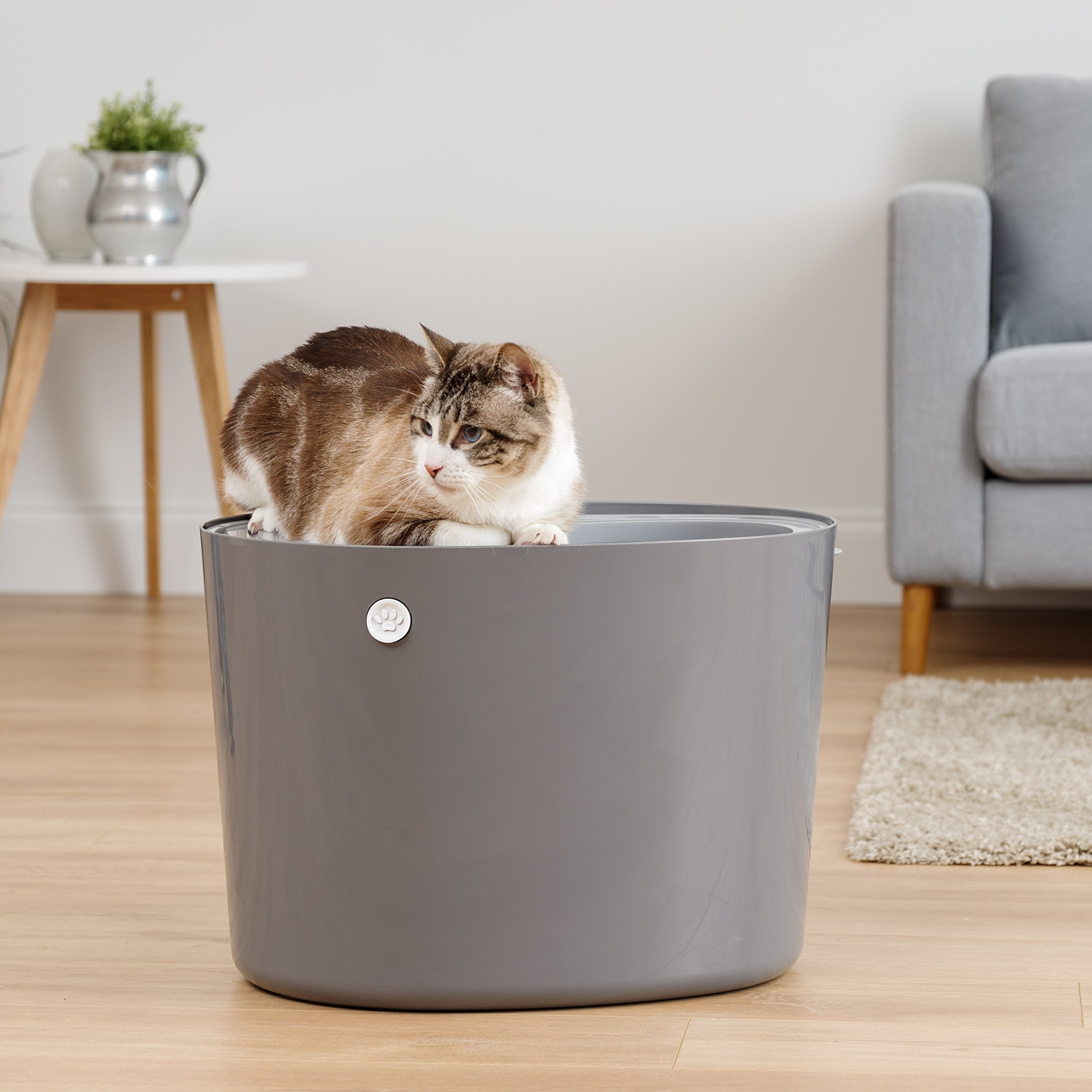 Iris Usa Cat Litter Box, Top Entry Litter Box With Scoop, Stylish Round Cat Litter Box Enclosure, Kitty Litter Box, Dark Gray/White