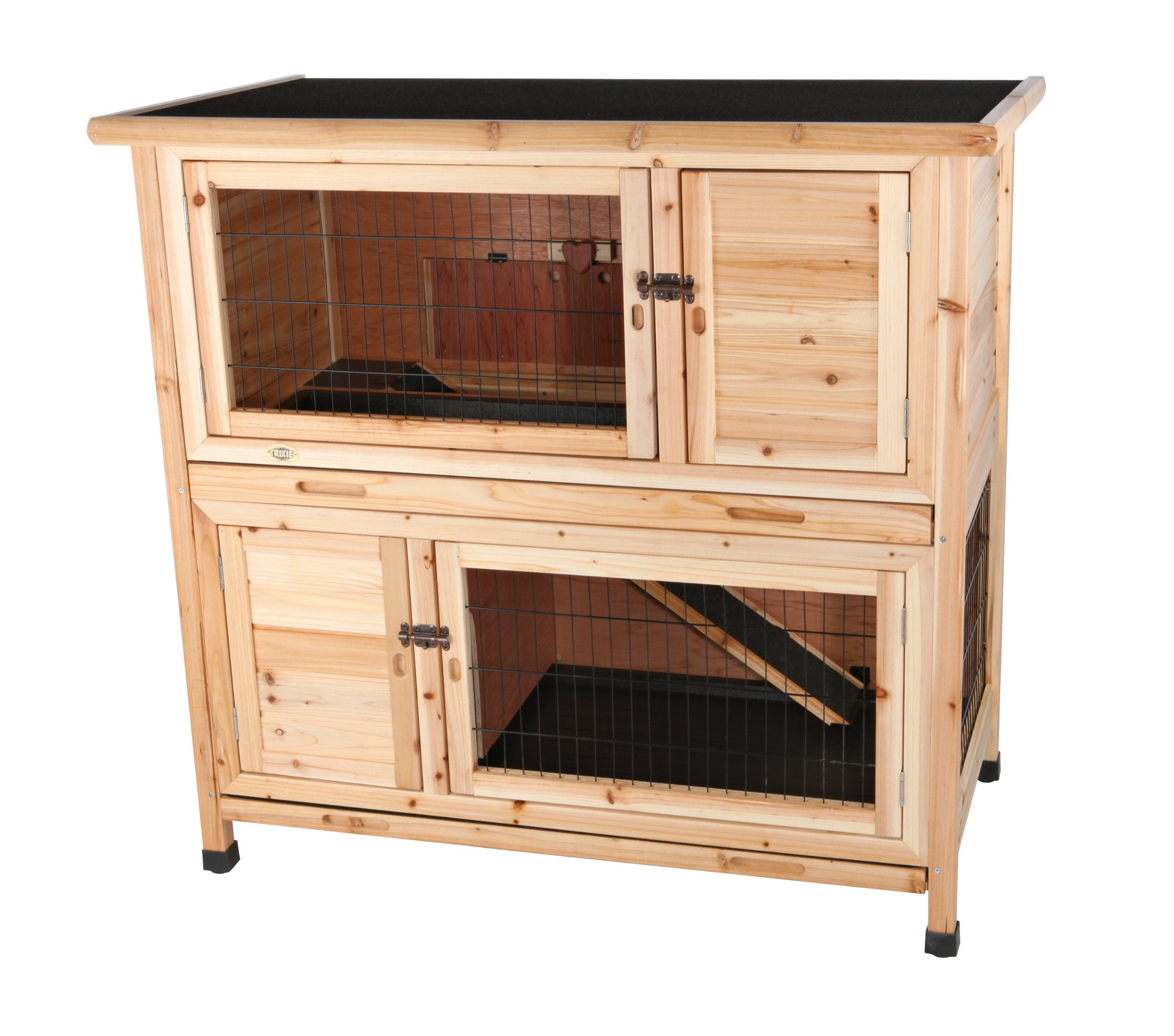 Trixie 2-Story Rabbit Hutch with Retreat Area, Non-Slip Ramp, Hinged Roof with Locking Arm, 4 Doors, 2 Metal Slide Latches, and 