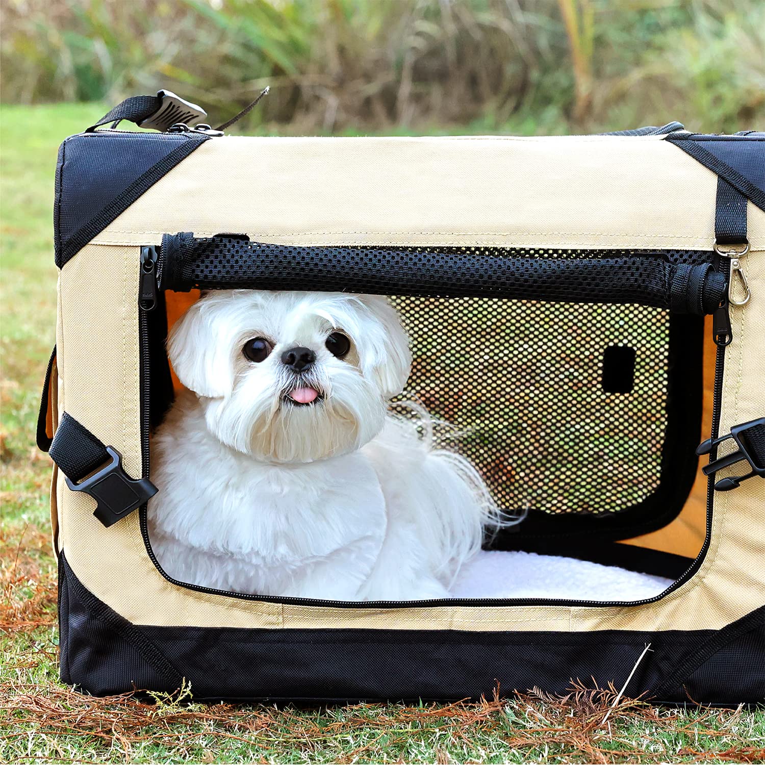 Pettycare 42 Inch Collapsible Dog Crate For Large Dogs, 4-Door Foldable Soft Dog Kennel With Chew Proof Mesh Windows, Indoor & Outdoor Travel Dog Crate, Soft Side Dog Crate,Beige