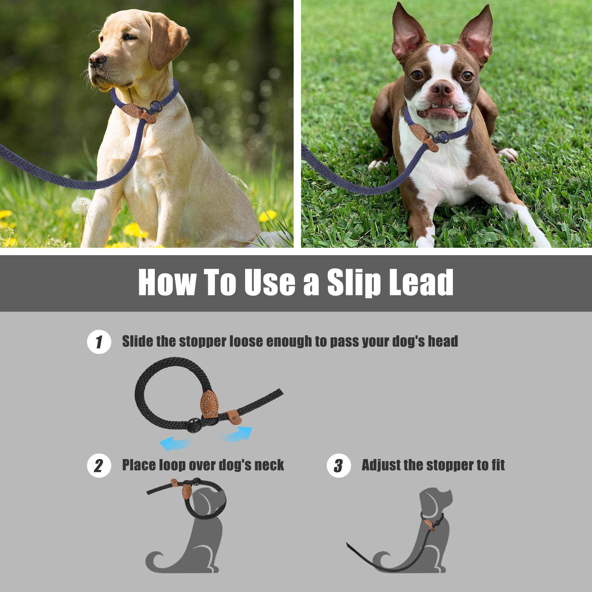 Mile High Life Slip Leads For Dogs | Heavy Duty Dog Training Leash | 6 Feet No Pull Slip Leashes W Leather Tip | Navy Rope Lead For Dogs Outside