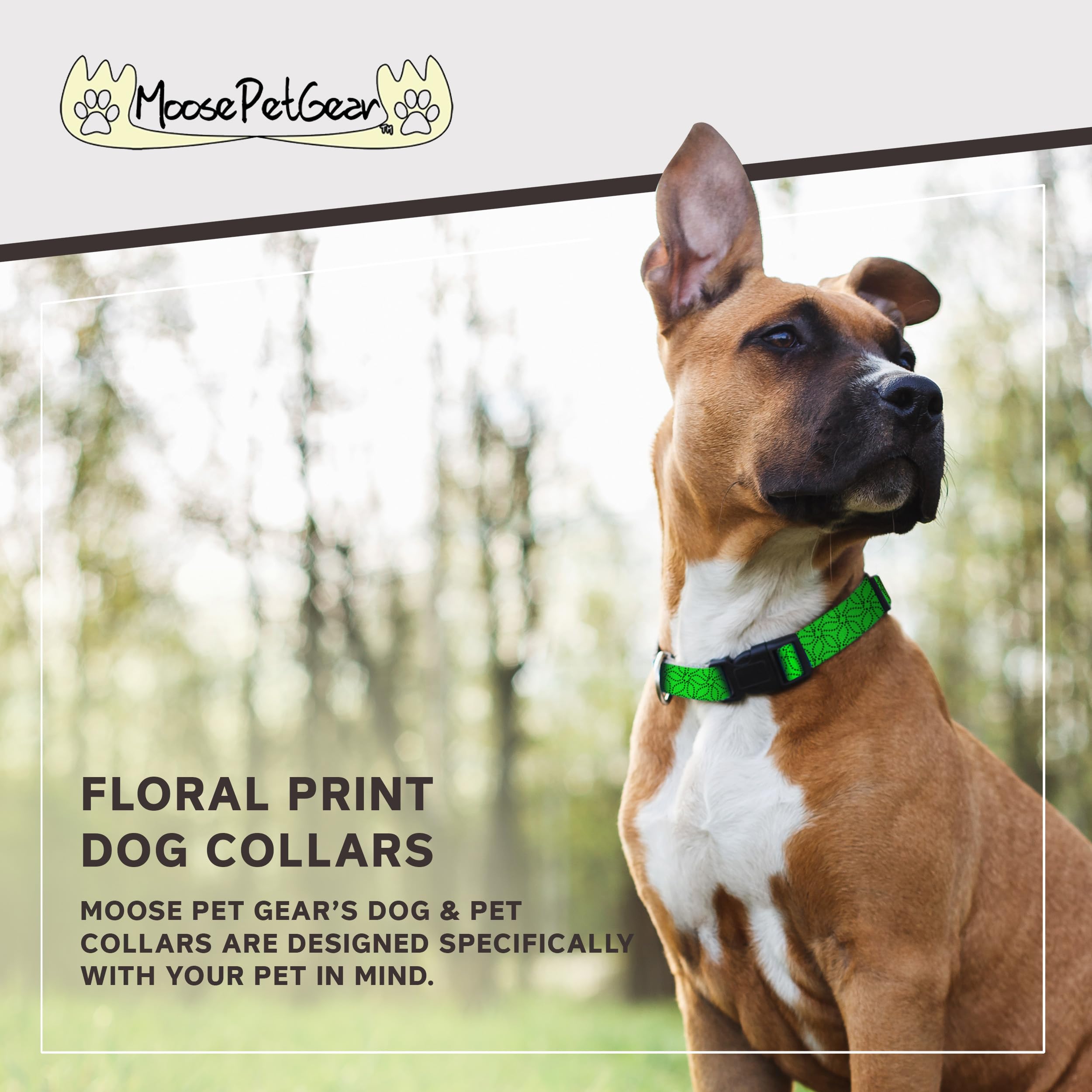 Floral Print Dog Collar -Waterproof Cute Floral Female Dog Collar - 1 Inch Adjusts 13 - 21 Inches, Large, Modern Green