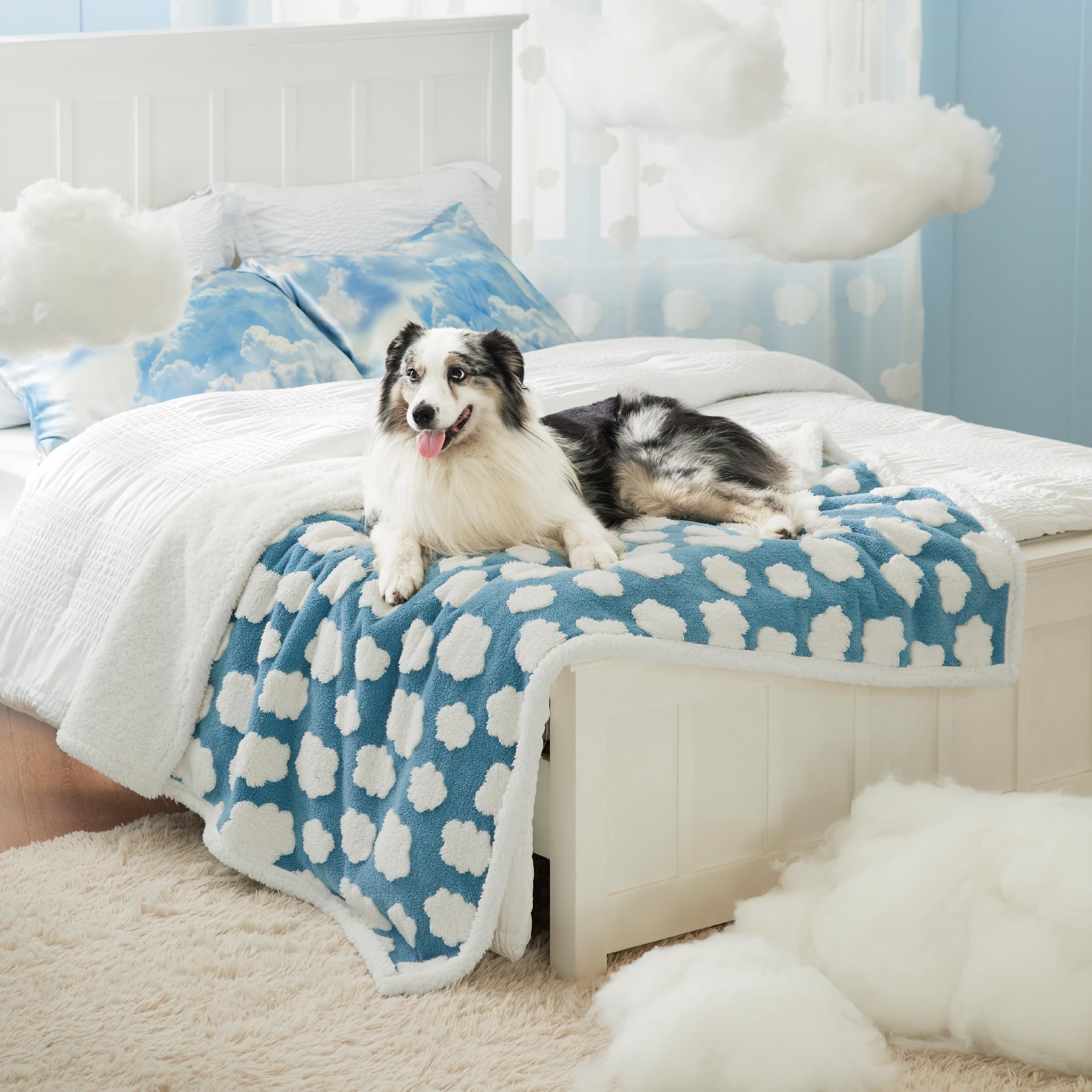 Lesure Waterproof Dog Blanket For Large Dogs - Washable Double Sided Dog Blankets With Warm Jacquard Shag And Soft Sherpa Fleece, Pet Cat Blanket For Bed Couch Protection, 3D Textured Cloud, Blue
