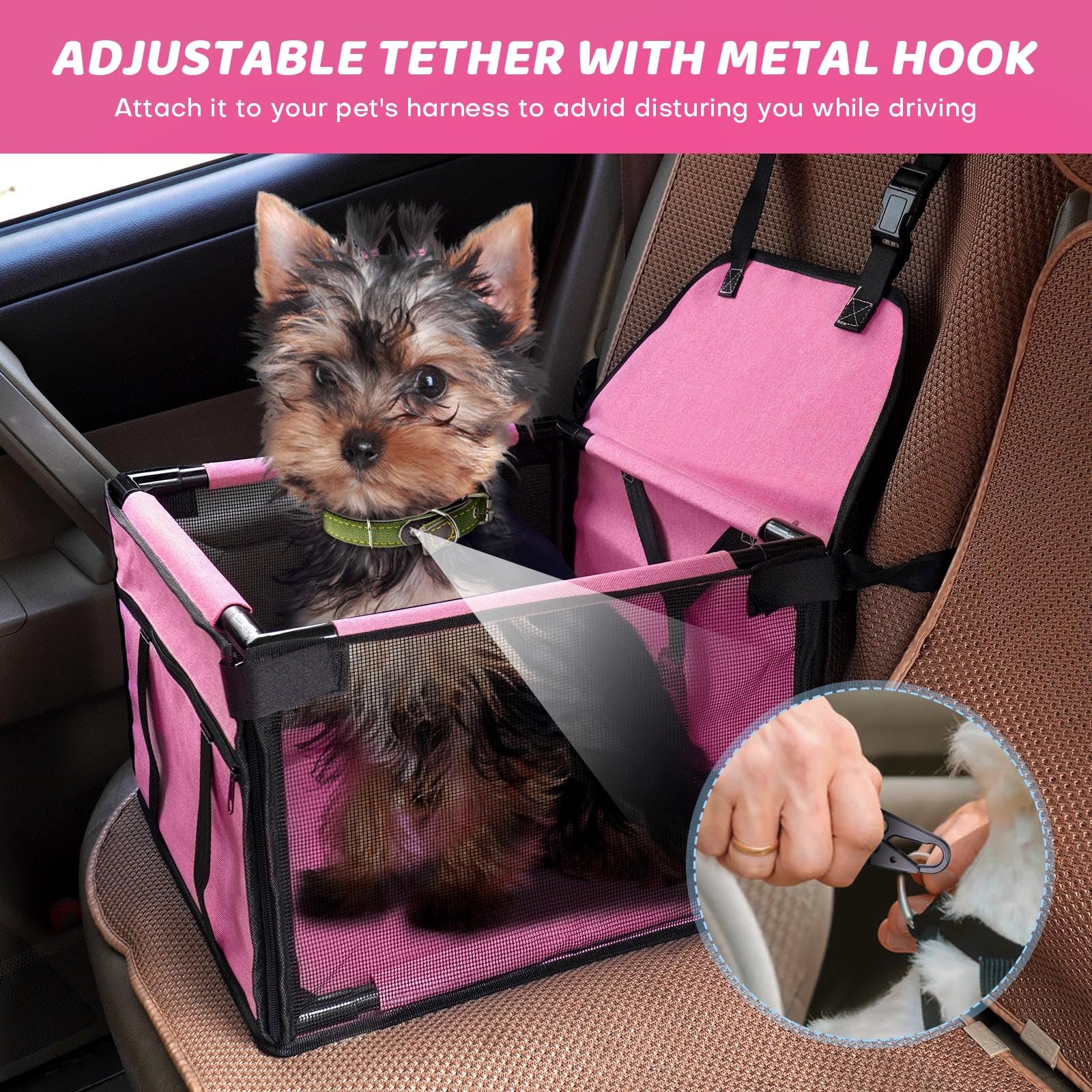 GENORTH Dog Car Seat Booster for Medium Dogs up to 20lb, Pink, Breathable & Washable Travel Safety Seat