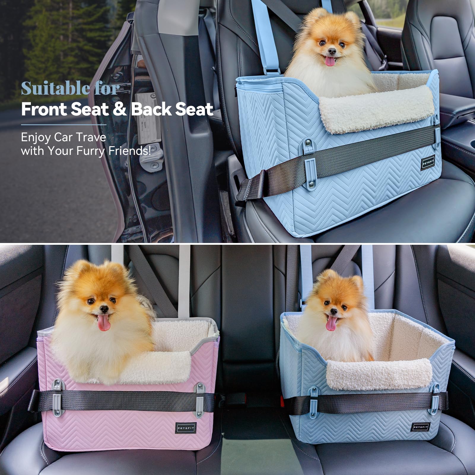 Petsfit Dog Car Seat Medium Sized Dog, Stable Small Dog Car Seat For Car With Clip-On Leash, Fleece Liner Suitable For Small Pets Up To 25Lbs (Blue)