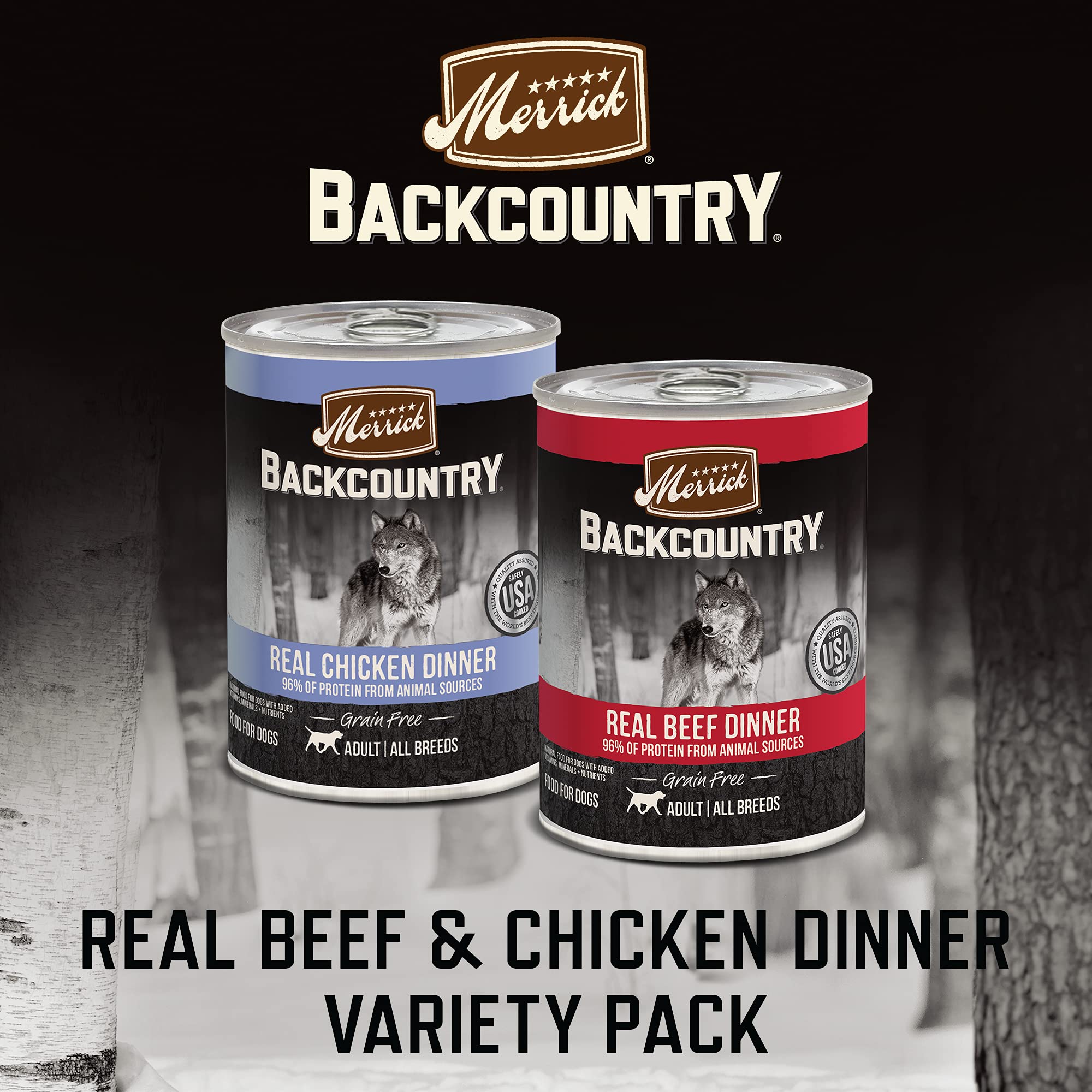 Merrick Backcountry Grain Free Premium Canned Dog Food, Variety Pack, Real Beef and Chicken Dinner Recipes - (Pack of 12) 9.5 lb