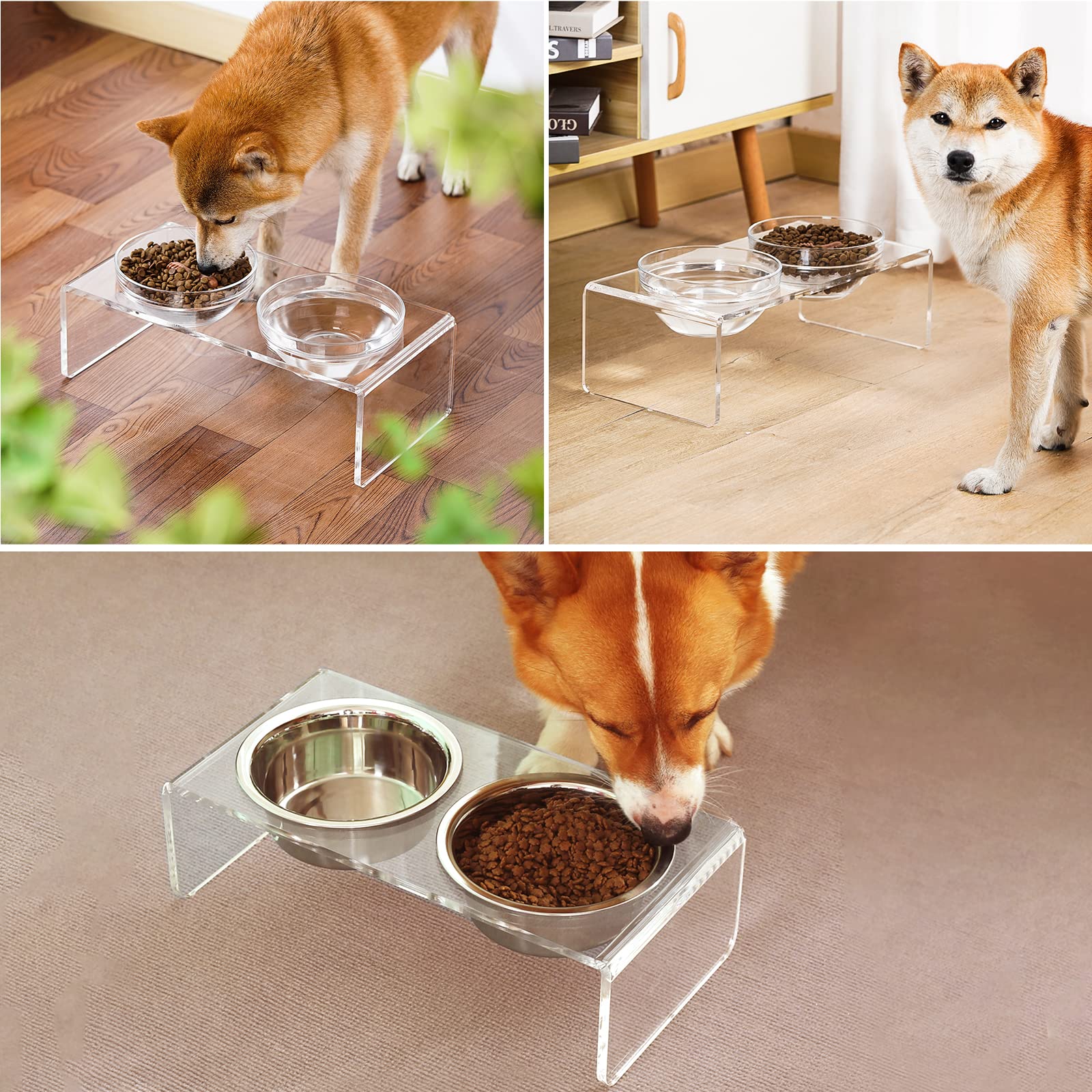 Feoyoho Acrylic Elevated Dog Cat Bowls - Double Bowl Feeder with 2 Glass & 2 Stainless Steel Bowls, Medium 5.5" Height, Clear