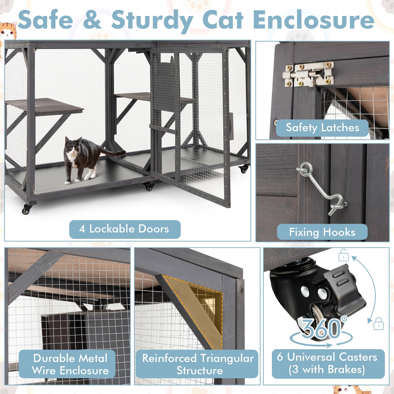 Tangkula Catio Outdoor Cat Enclosure Large, 71 Inch Outdoor Cat House Weatherproof With Asphalt Roof, Wooden Cat Cage Playpen With 7 Jumping Platforms & 2 Resting Boxes, Walk-In Cat Kennel Condo