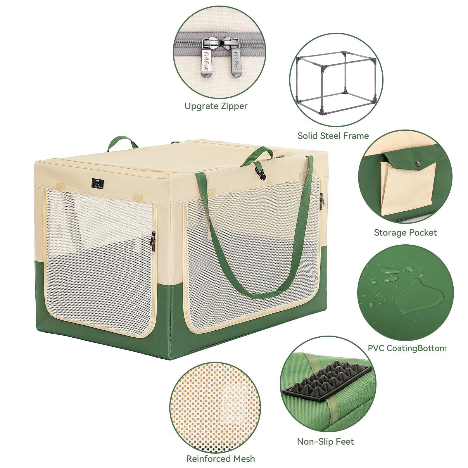 A4Pet Portable Dog Crate - 36" Adjustable Stainless Steel Frame, Lightweight 600D Oxford Fabric, Green/Beige