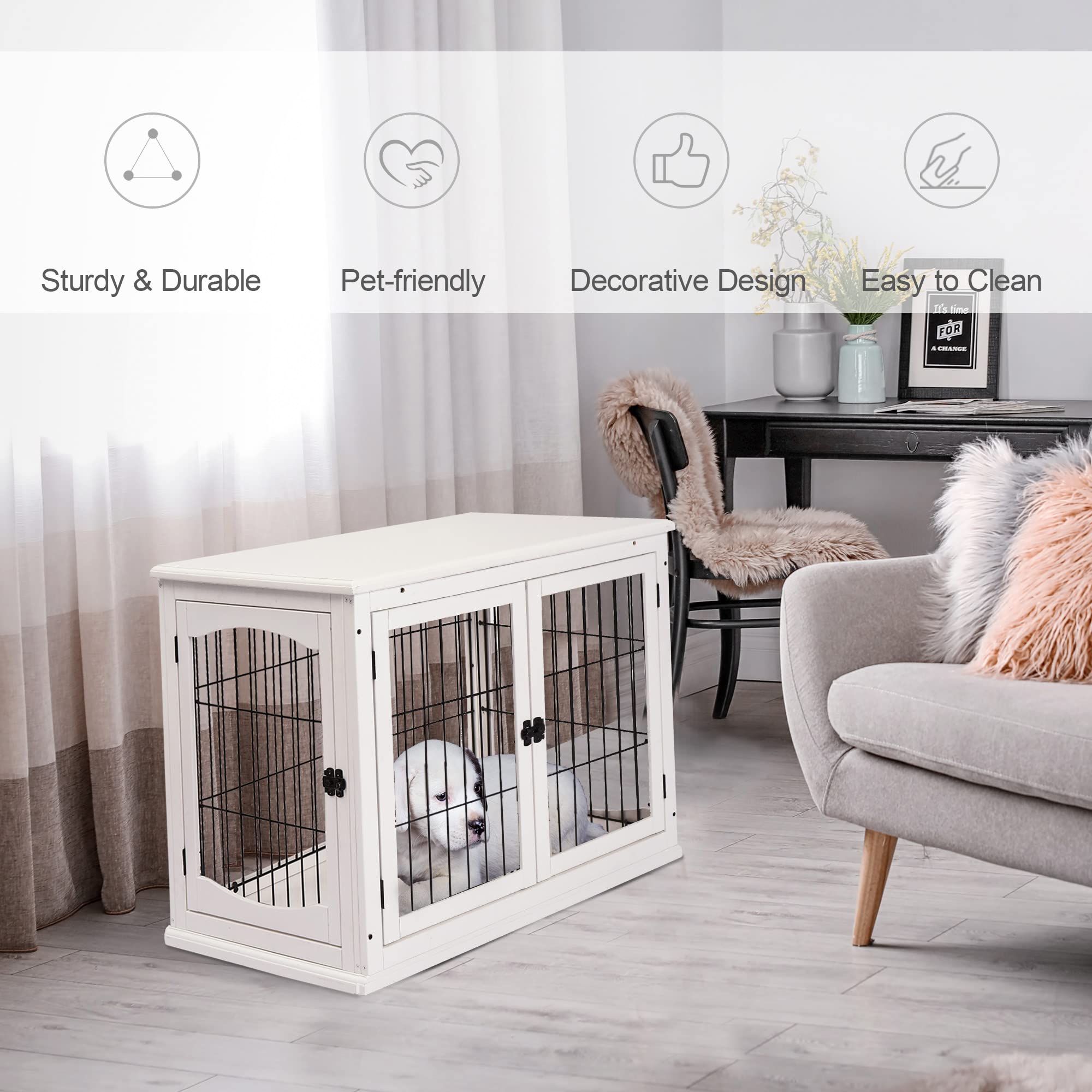 PawHut Dog Crate Furniture, Small Dog Cage End Table with Two Opening Sides, Lockable Door, Puppy Kennel Indoor, Cute and Decora