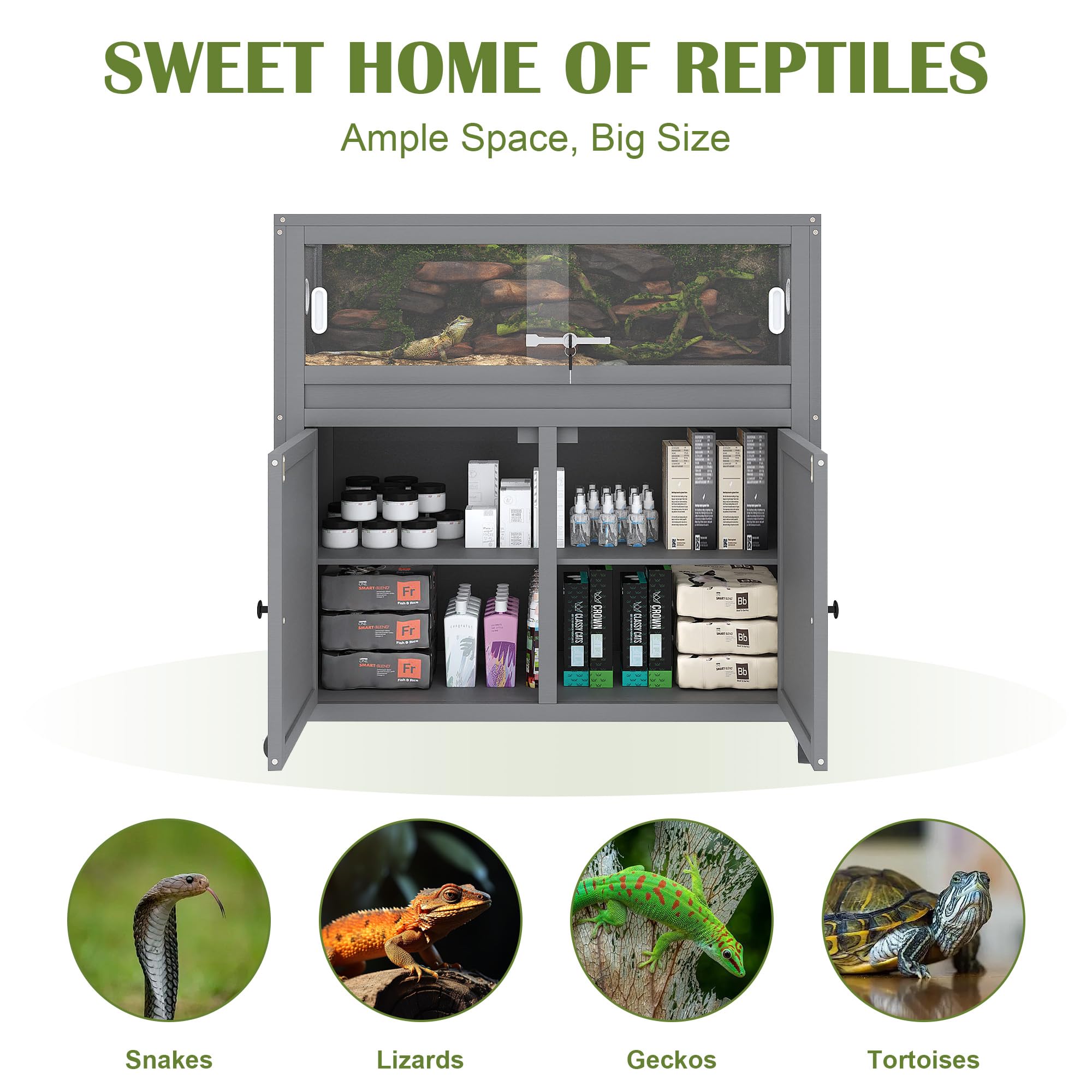 NEOCOZY 30 Gallon Reptile Tank with Storage Cabinet and Stand,Solid Wood Reptile Enclosure with Safe Lock and Universal Wheels,I