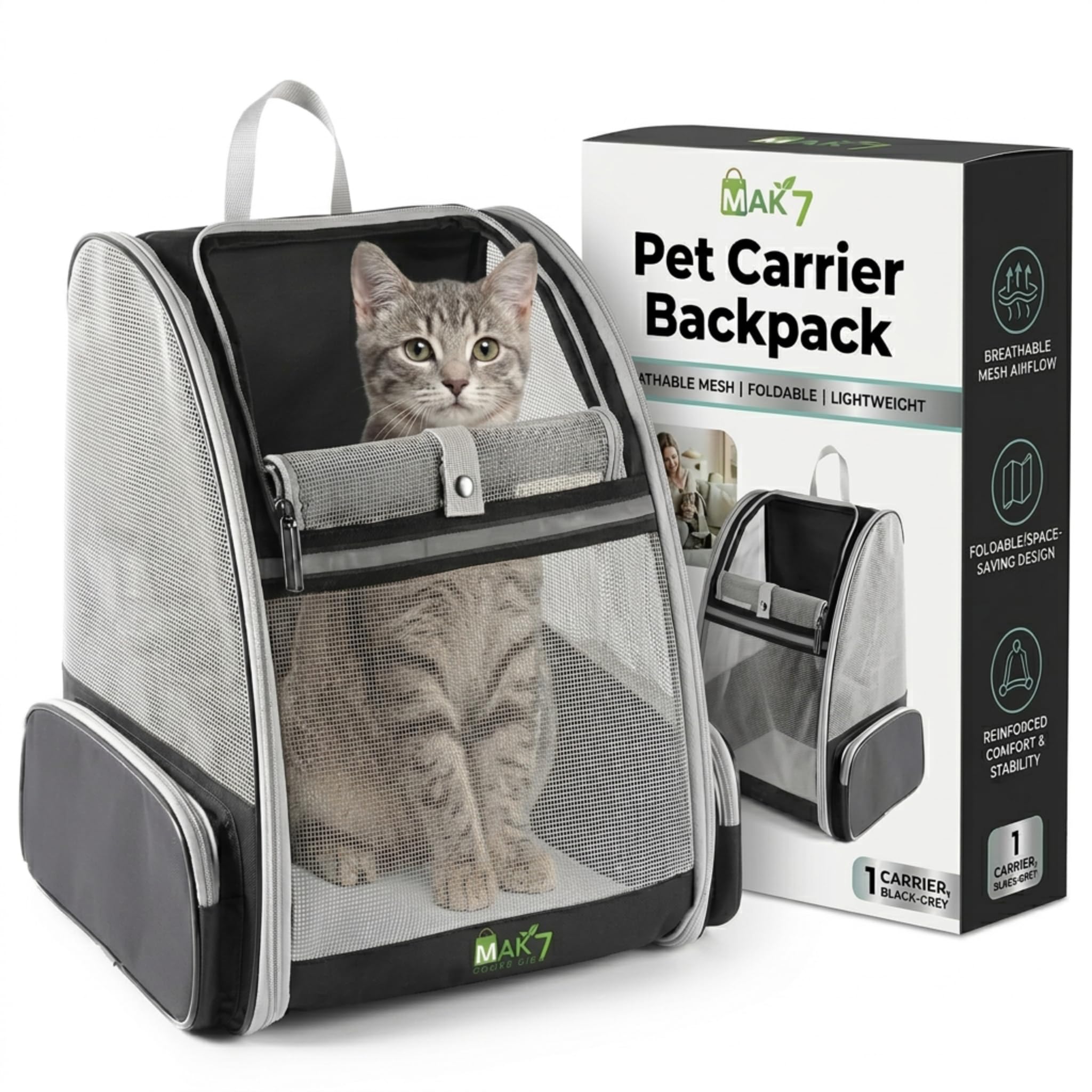 Mak7 Pet Carrier Backpack For Cats & Dogs | Breathable Mesh Design, Lightweight Travel Bag For Small Pets | Wide Strap, Foldable