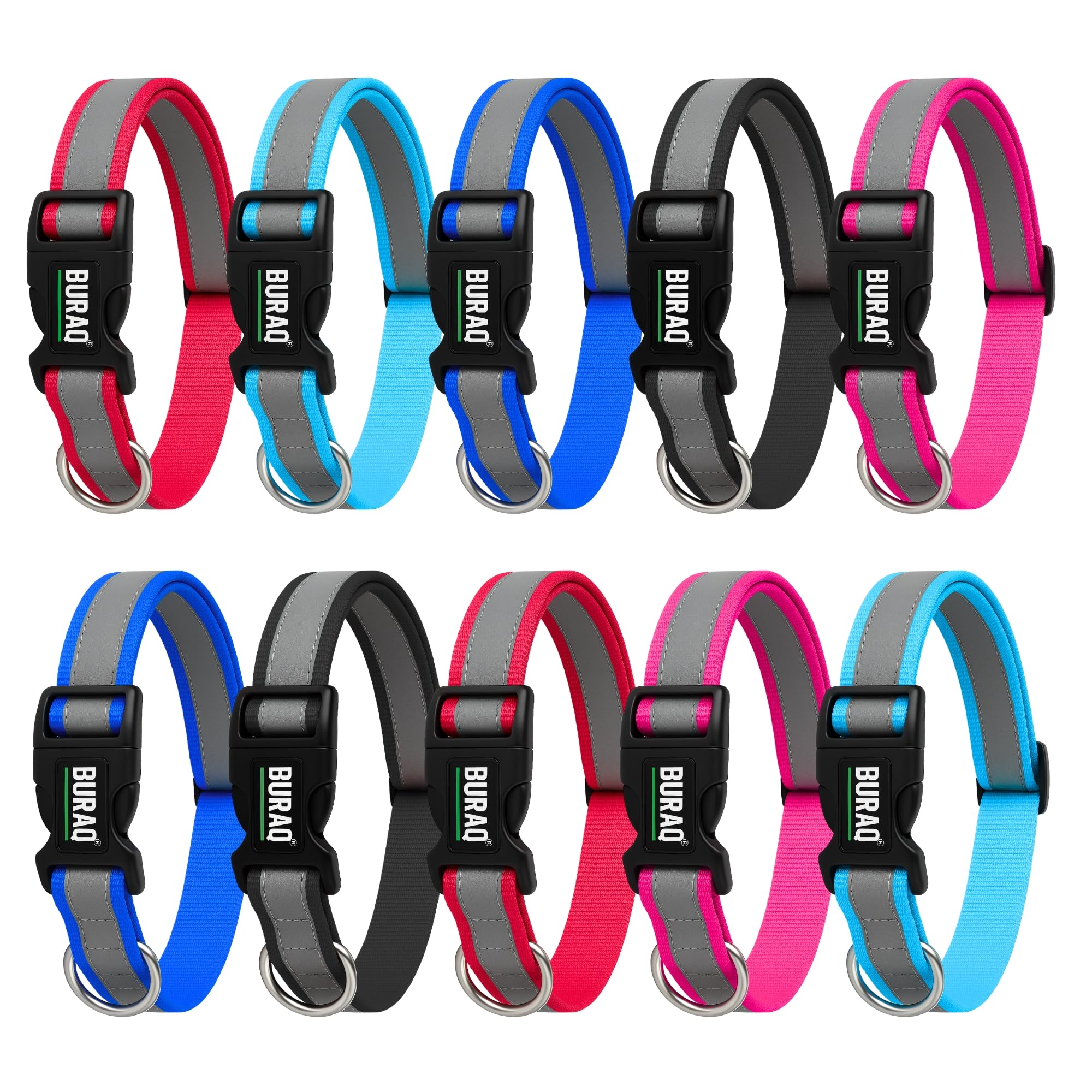 Buraq Pets 10 Pcs Reflective Dog Collar Set Adjustable Nylon Collar