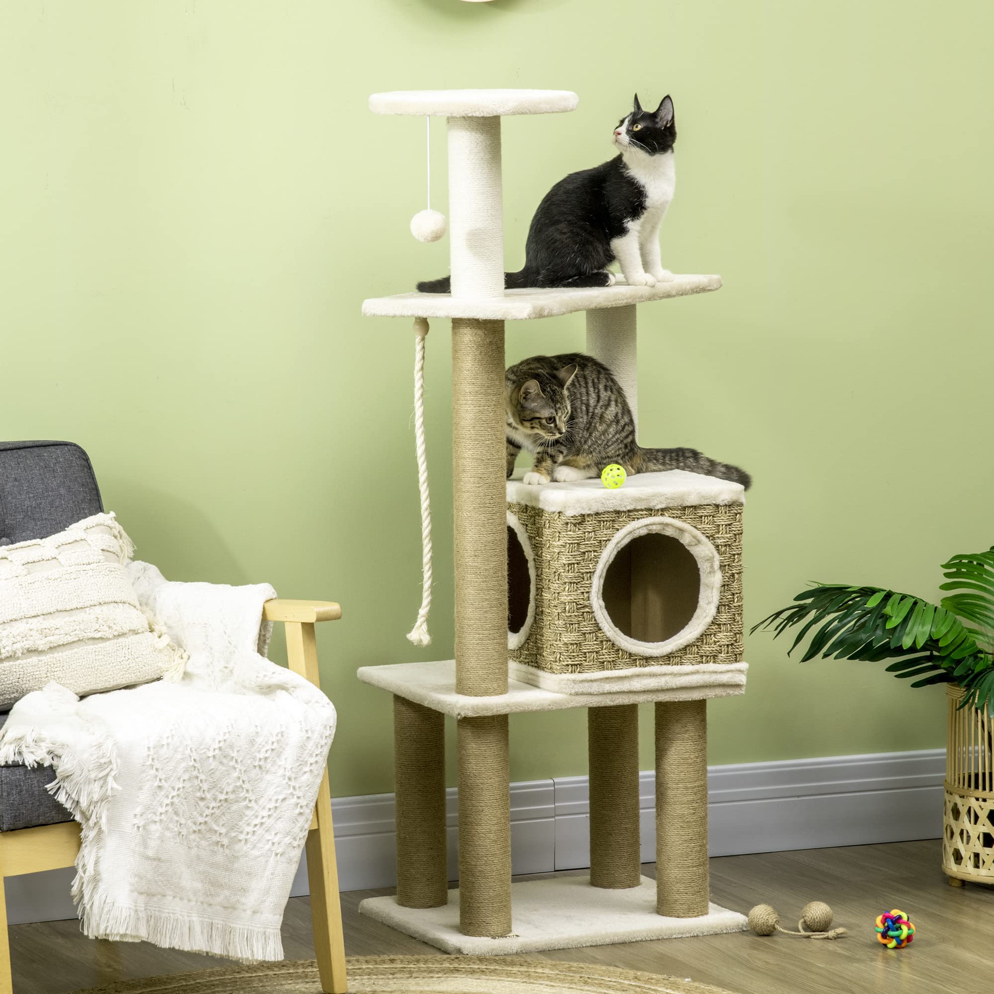 Pawhut Cat Tree Climbing Kitten Tower Activity Centre For Indoor Cats W/ Jute Scratching Post, Cat House, Kitten Stand, Hanging Toy Ball - Beige
