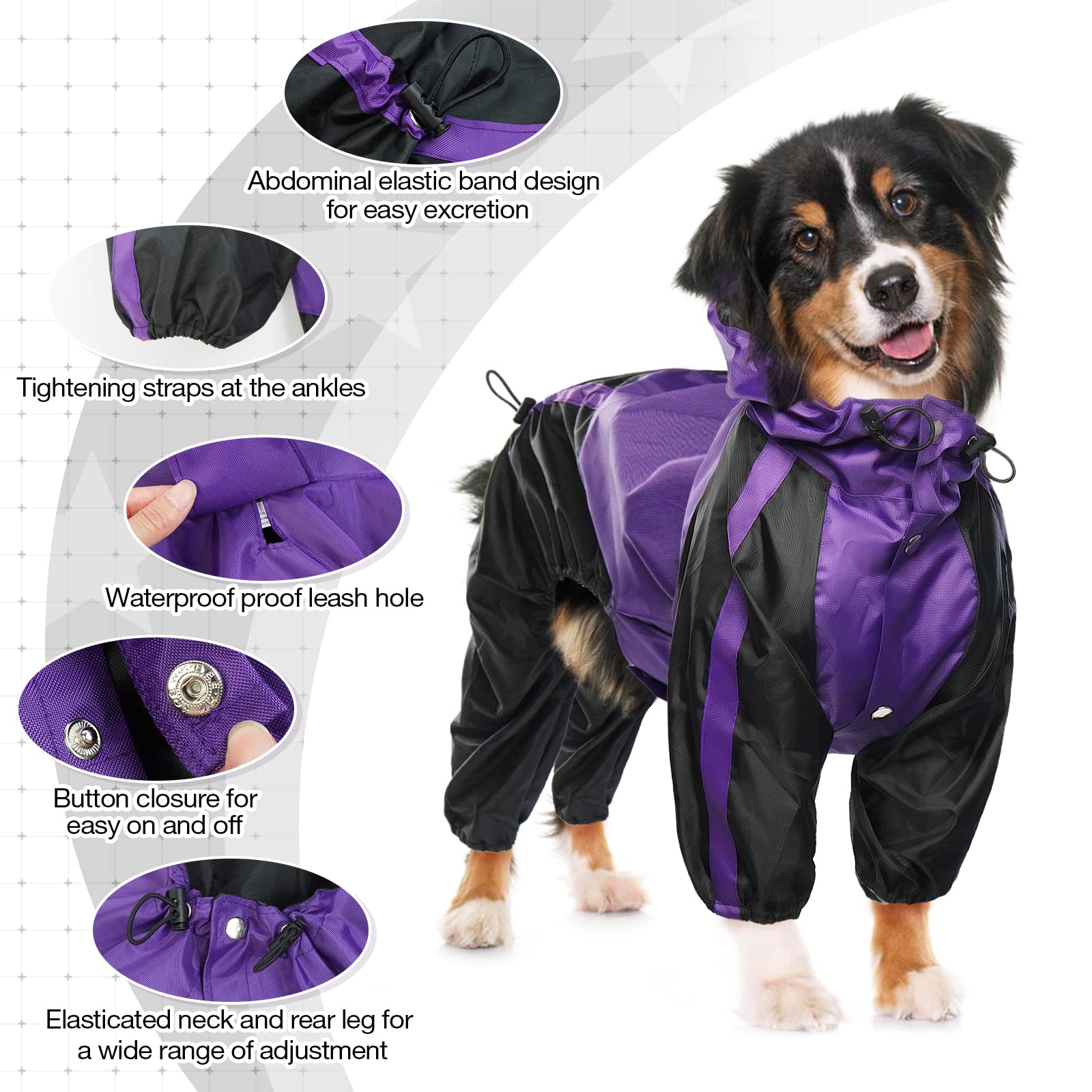 OUOBOB Dog Raincoat - Waterproof Medium Pet Poncho, Purple, Adjustable 4 Legs, Lightweight Polyester with Hood and Leash Hole