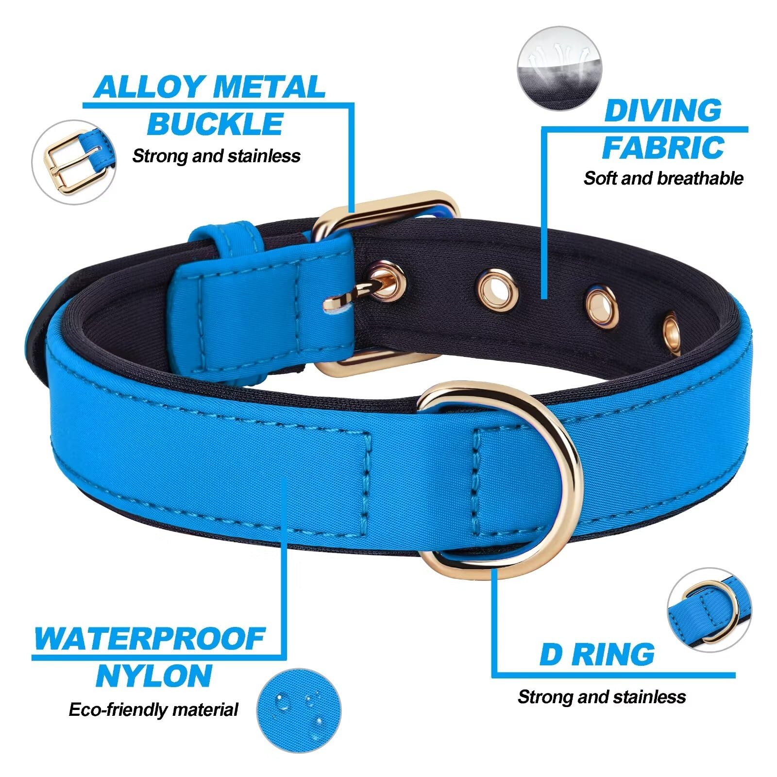Didog Soft Padded Dog Collars For Medium Dogs, Lightweight And Breathable Dog Collar Waterproof With Metal Buckle, Blue, M