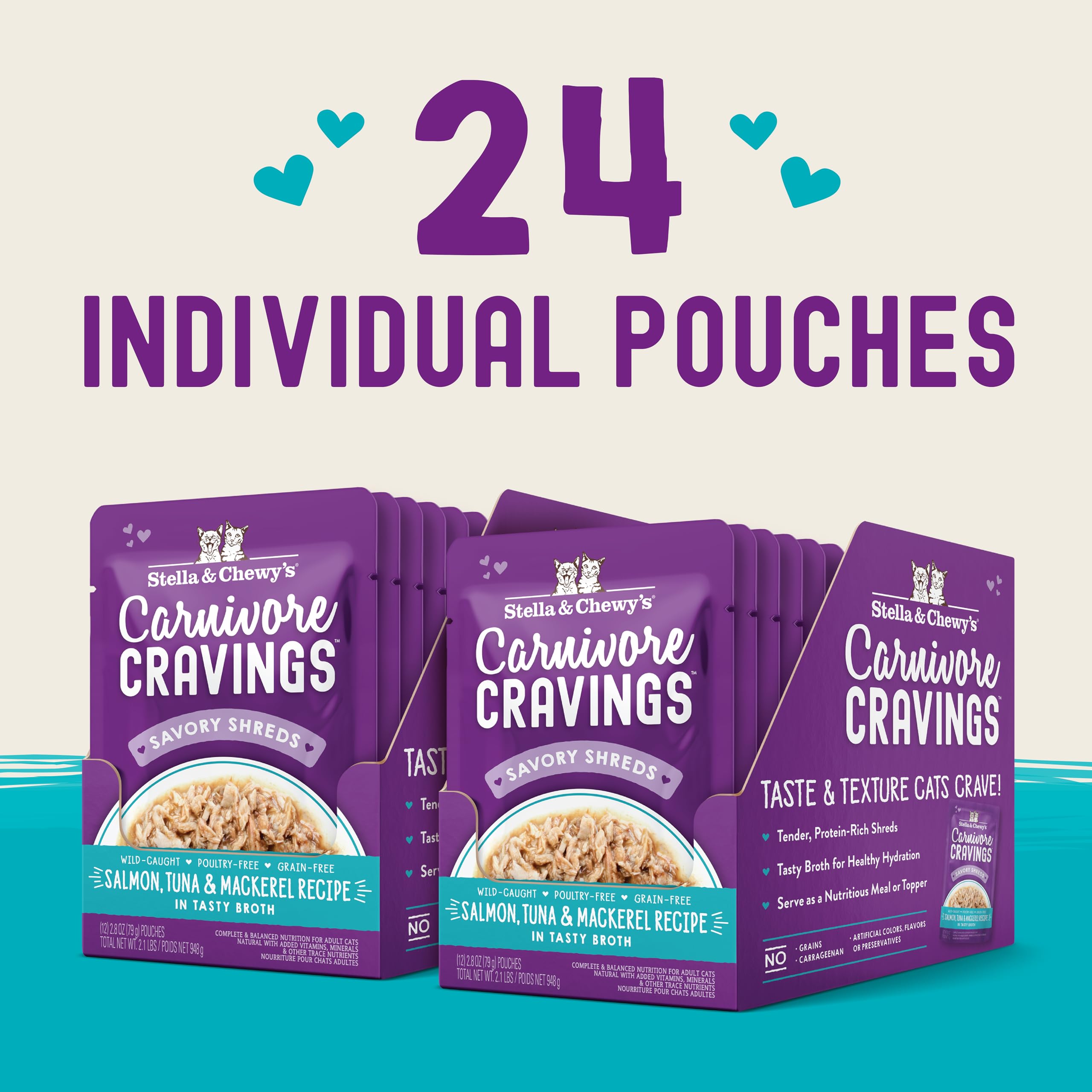 Stella & Chewy's Carnivore Cravings Wet Cat Food, Grain Free Salmon, Tuna & Mackerel, 2.8 oz Pouches, 24 Pack