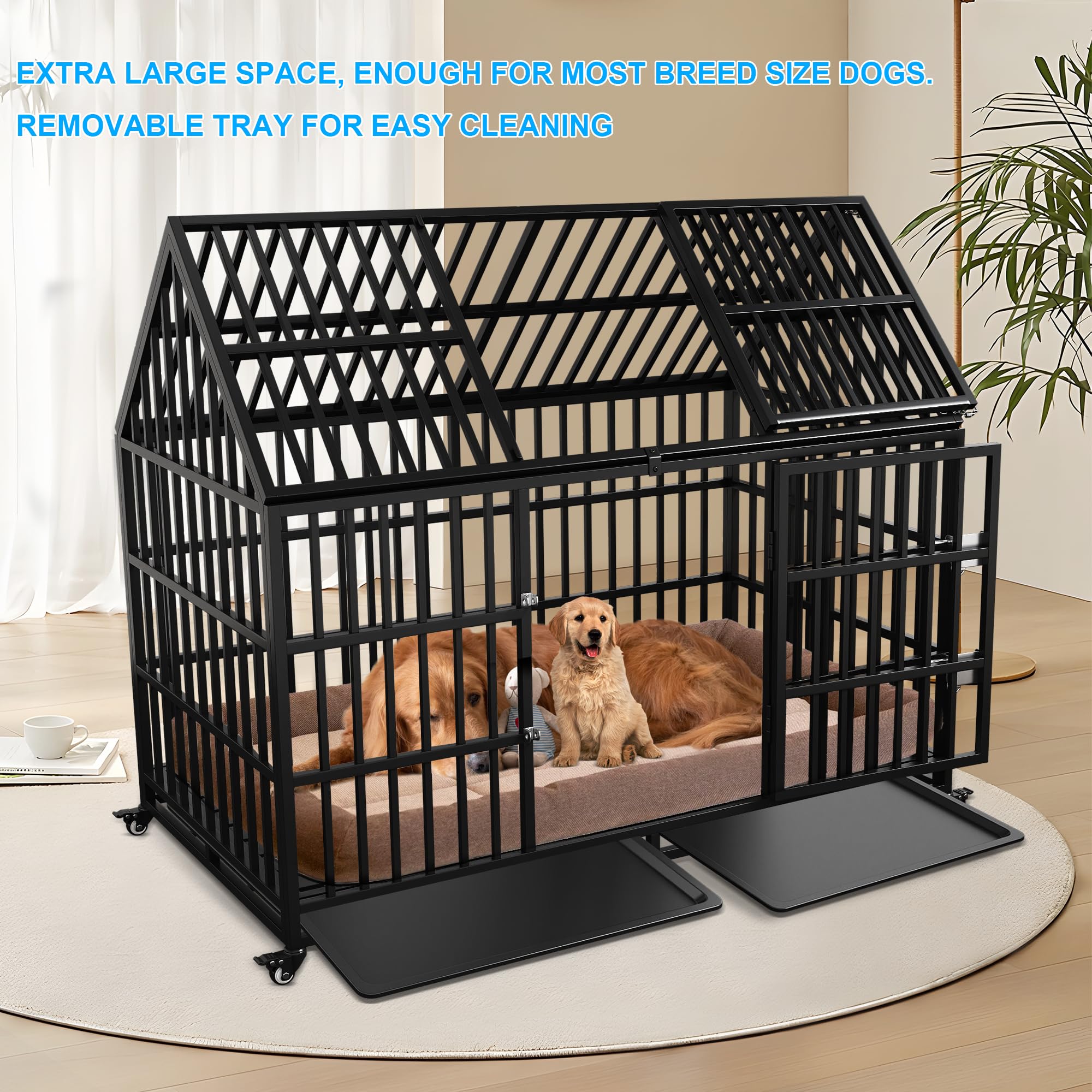 Heavy Duty Dog Crate 54 Inch Xl Large Pet Dog Cage Crate Kennel With Roof Top 2 Doors Removable Trays, Lockable Wheels Escape-Pr