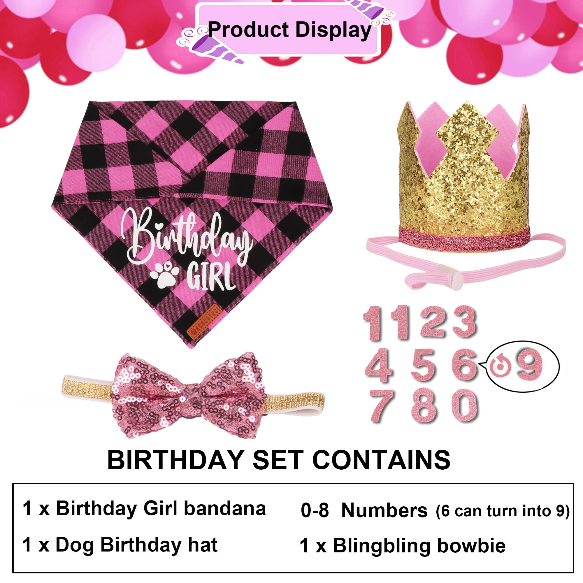 Adoggygo Dog Birthday Party Supplies, Pink Plaid Birthday Girl Dog Bandana, Golden Pet Party Hat With Numbers, Bowtie For Medium