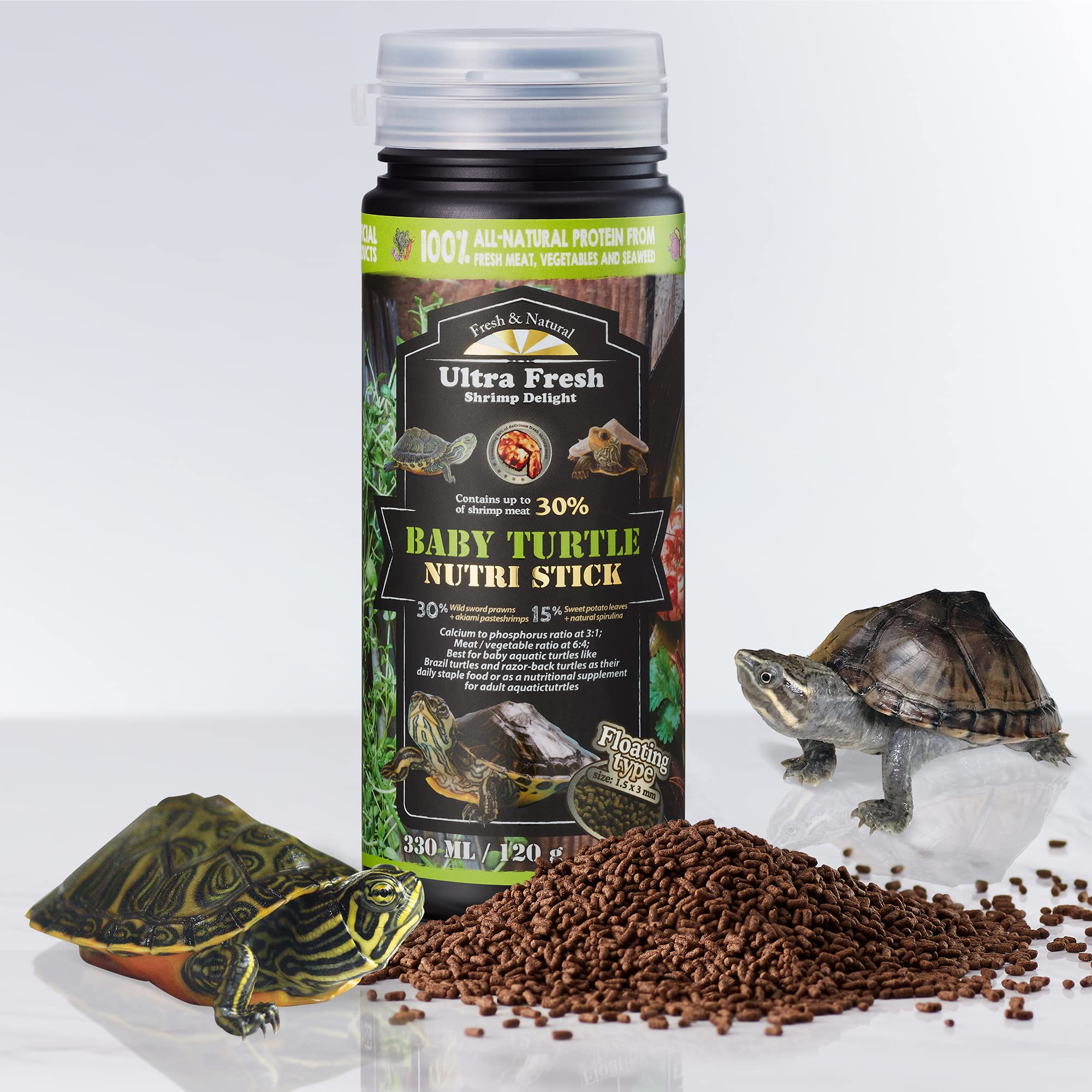Ultra Fresh Floating Turtle Food, All Natural Ingredients, Wild Sword Prawn, Calcium Vitamin D Enriched for Picky Aquatic Baby T