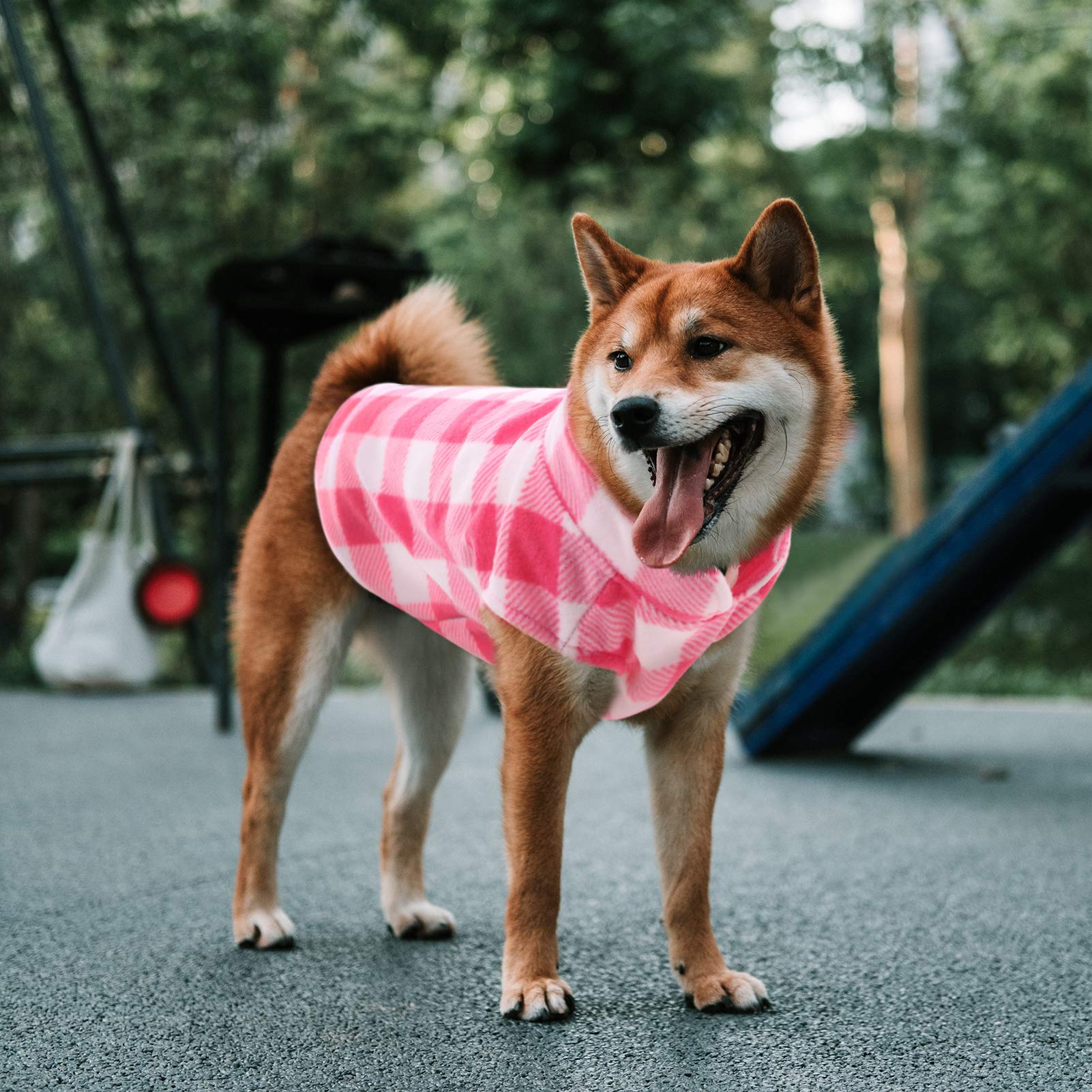 Asenku Plaid Dog Fleece Vest, Soft Comfortable Pet Pajamas, Warm Winter Dog Shirt, Cold Weather Coat Jacket - Pink, L