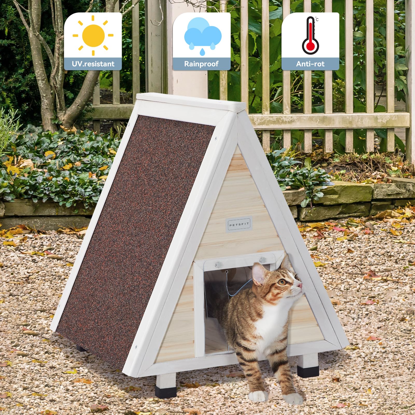Petsfit Outdoor Cat House - Weatherproof Feral Cat Shelter with Escape Door, Solid Wood, Model CHW10203