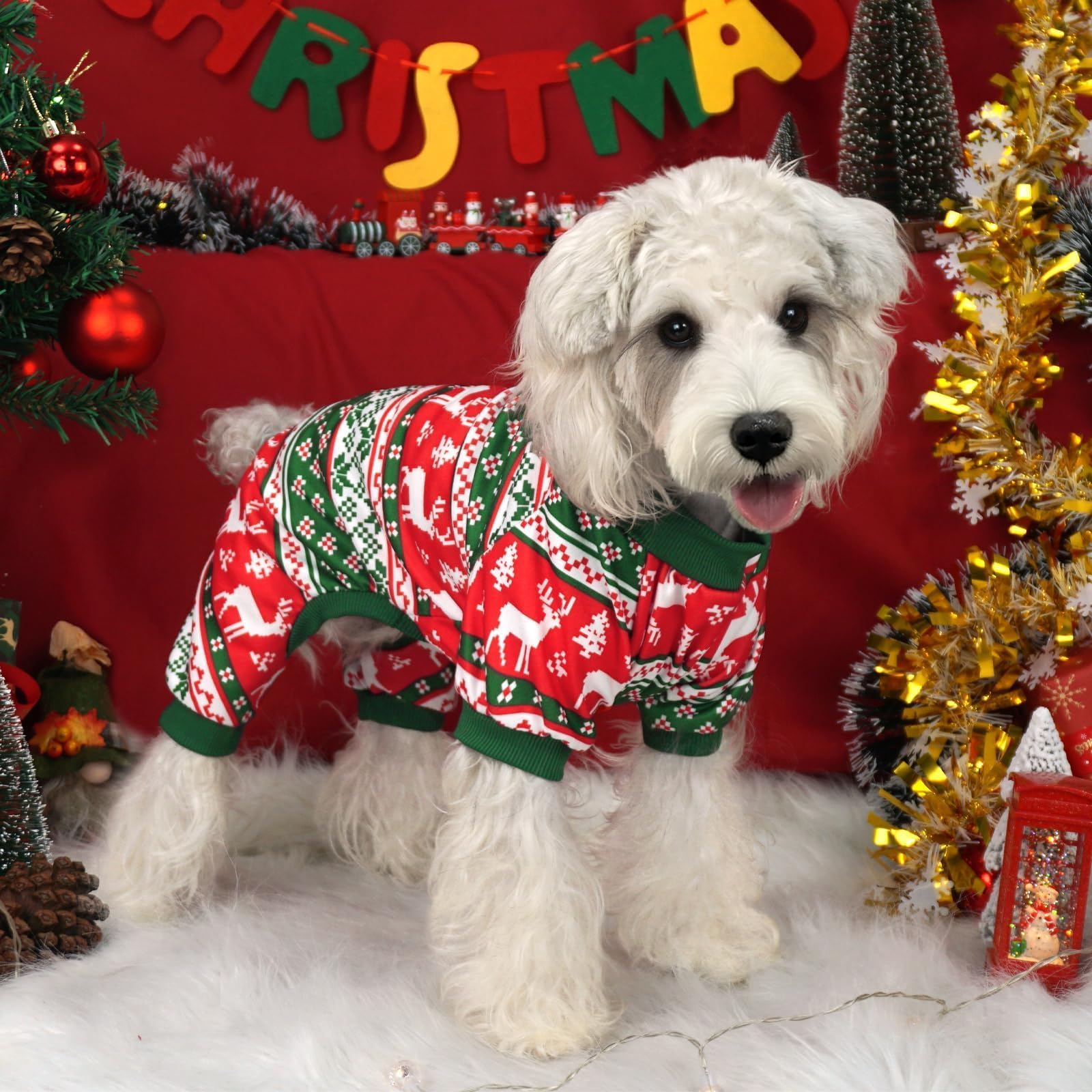 Xpudac 4 Pack Dog Christmas Pajamas Reindeer Puppy Clothes Cute Santa Claus Dog Pajamas Costumes Outfit Red Green 80-Lanlv-2Xl