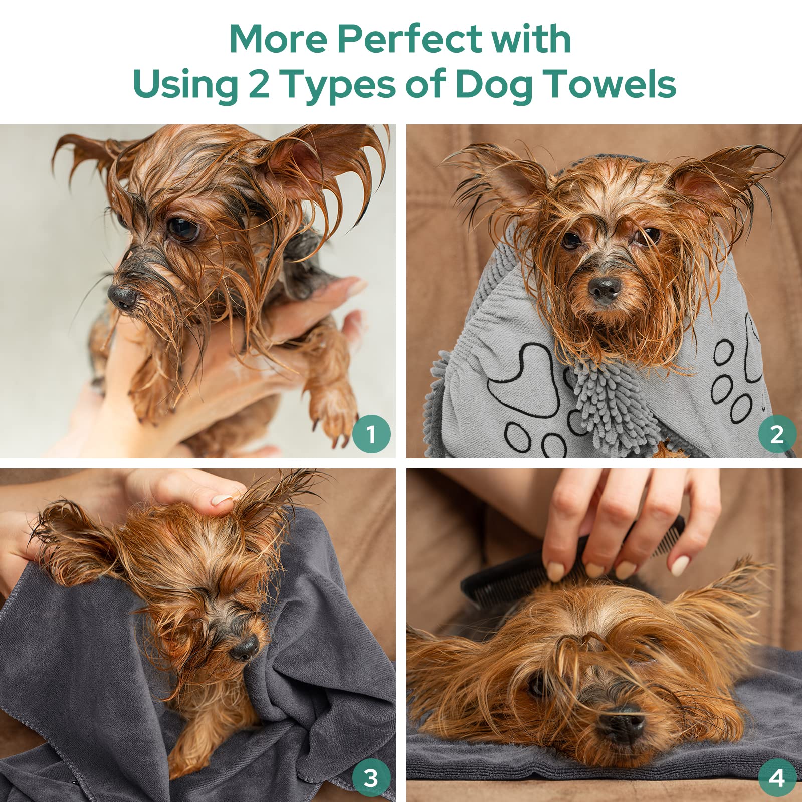 HOMEIDEAS 2 Pack Dog Towels Set, Chenille and Microfiber, Super Absorbent Soft Bath Shammy Towel with Hand Pockets for Pets Dryi